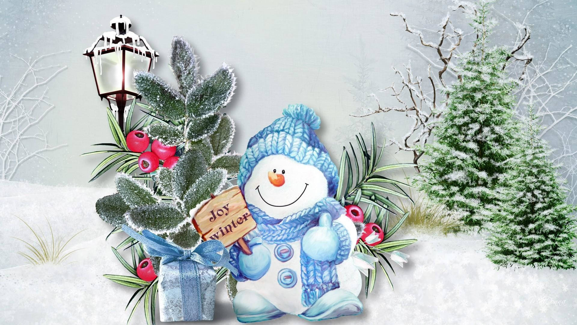 Joy, snowman, blue knit hat, Full HD Desktop Wallpaper
