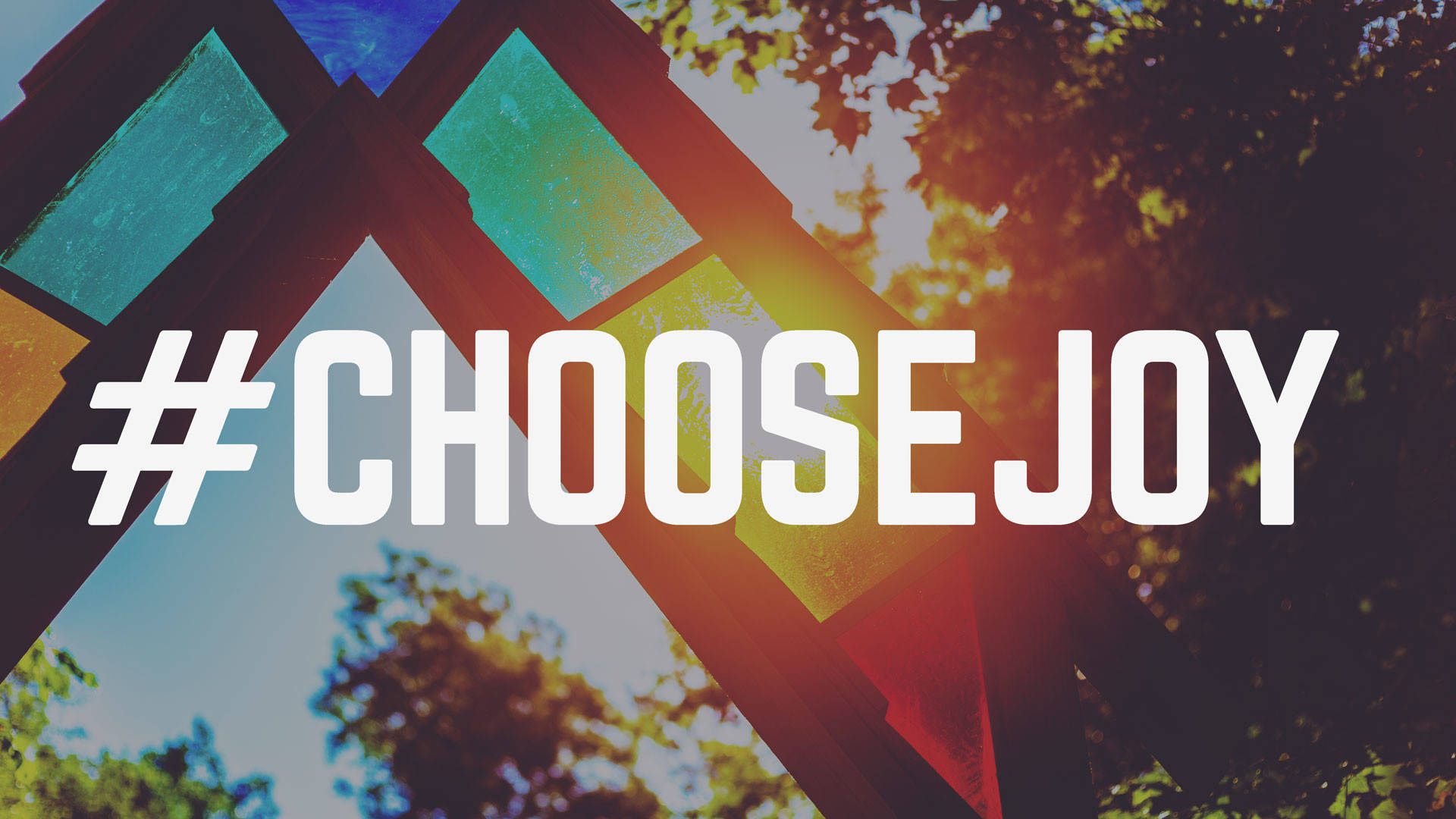 Choose Joy Hashtag, bold white text, vibrant stained glass structure, Full HD Desktop Wallpaper