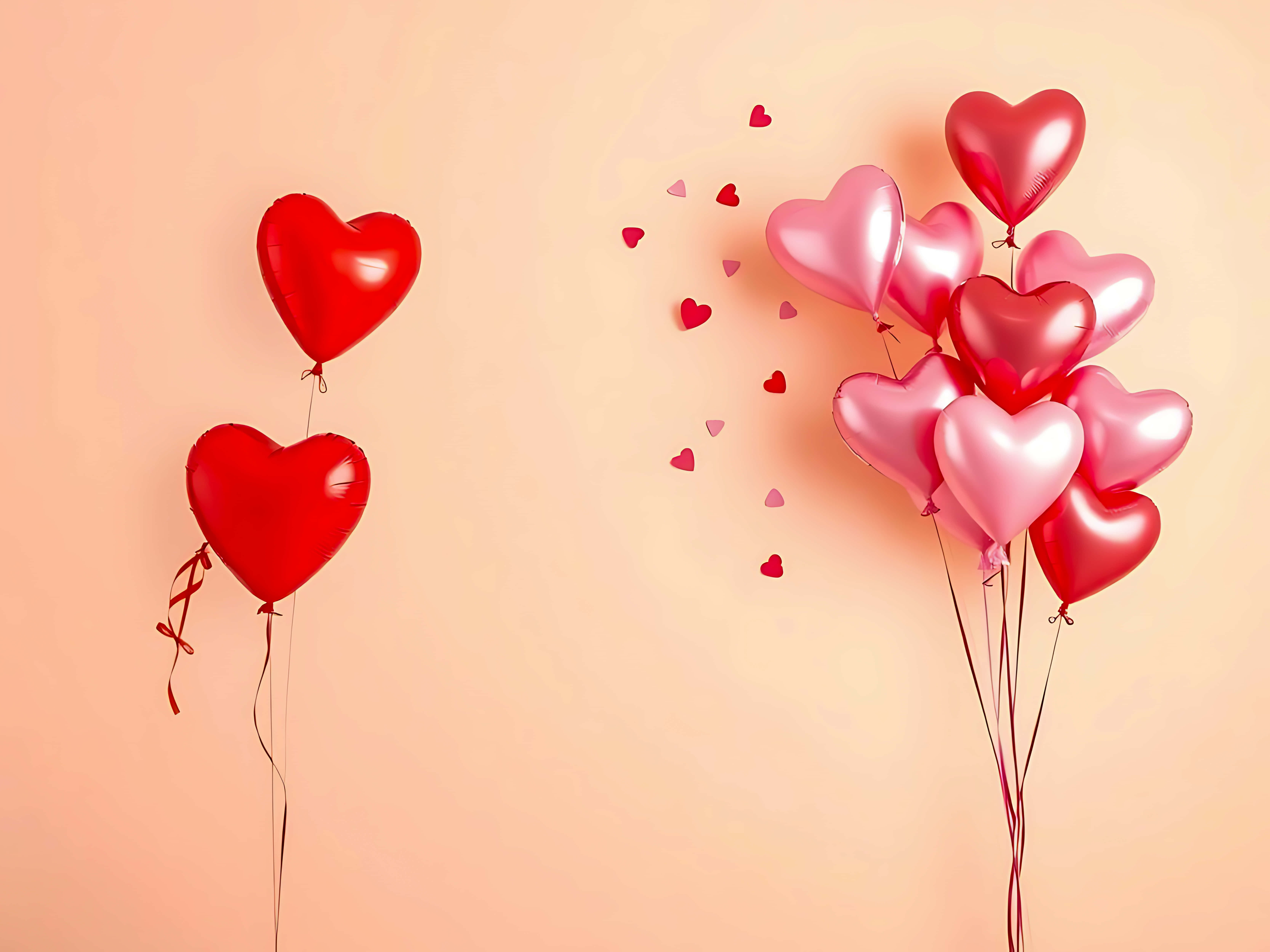 heart shaped balloons, red heart balloons, pink and red metallic heart balloons, 5K Desktop Wallpaper