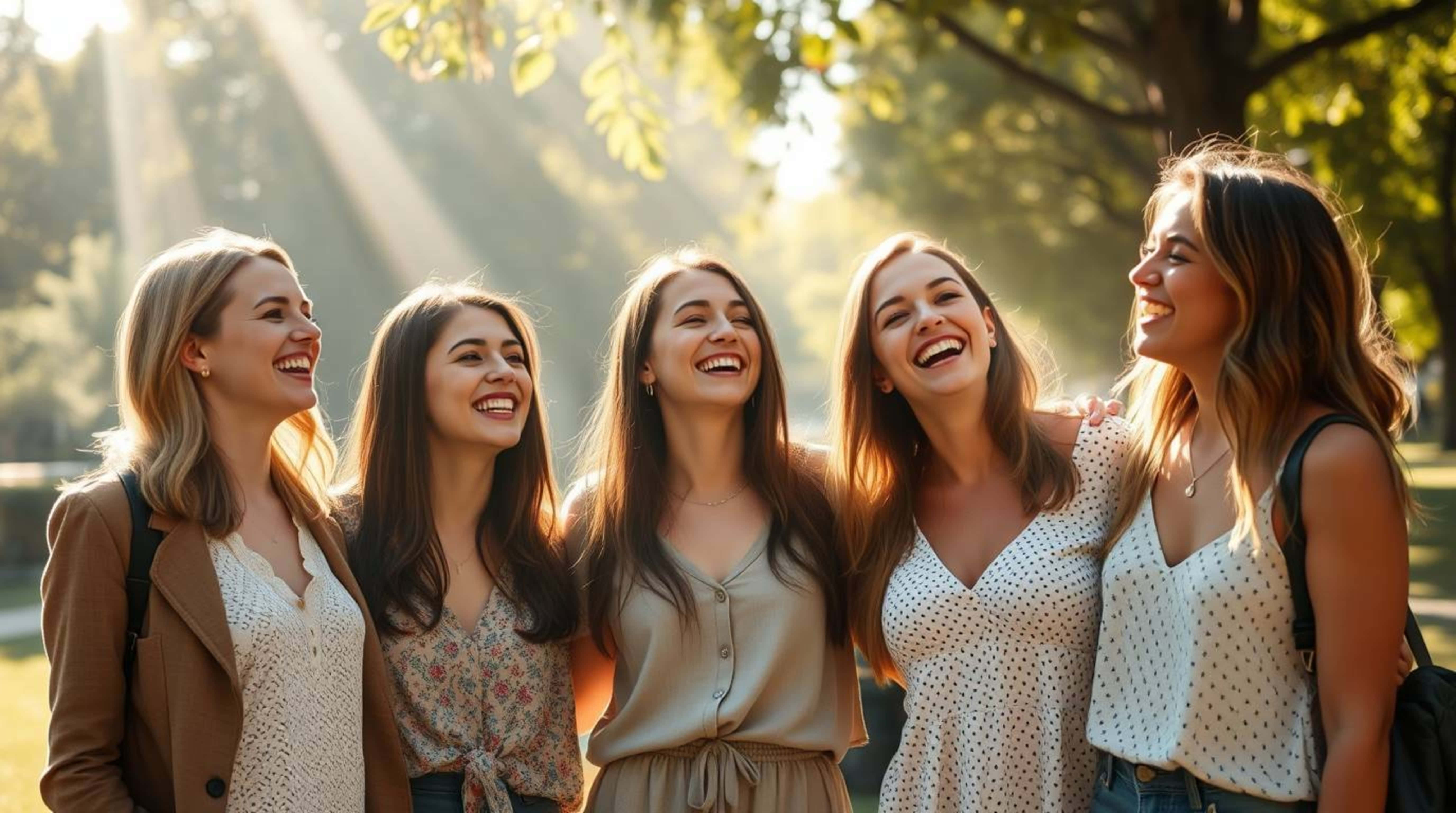 five joyful young women, sunlit park, golden rays, 5K Desktop Wallpaper