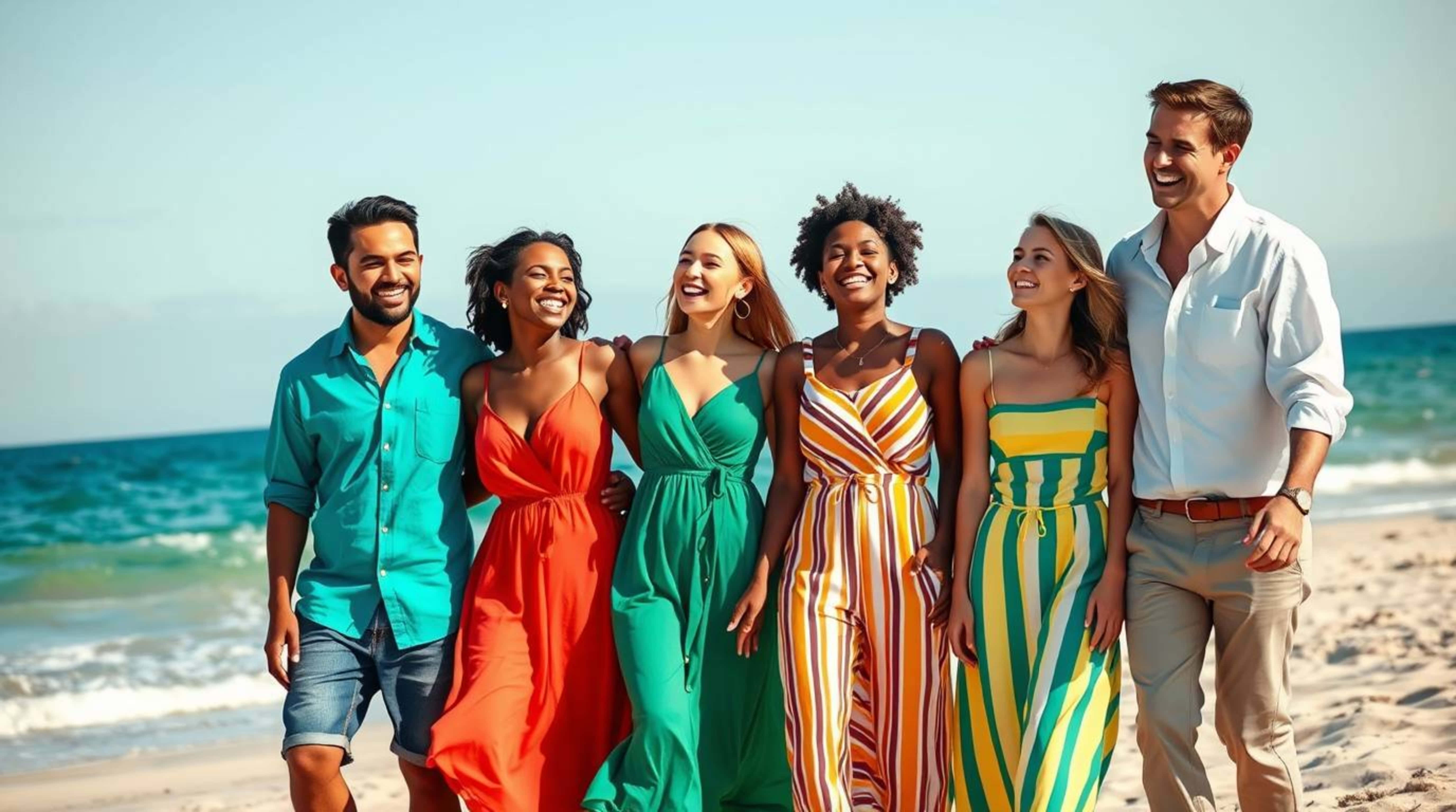 sun-drenched beach, turquoise ocean waves, colorful summer outfits, 5K Desktop Wallpaper