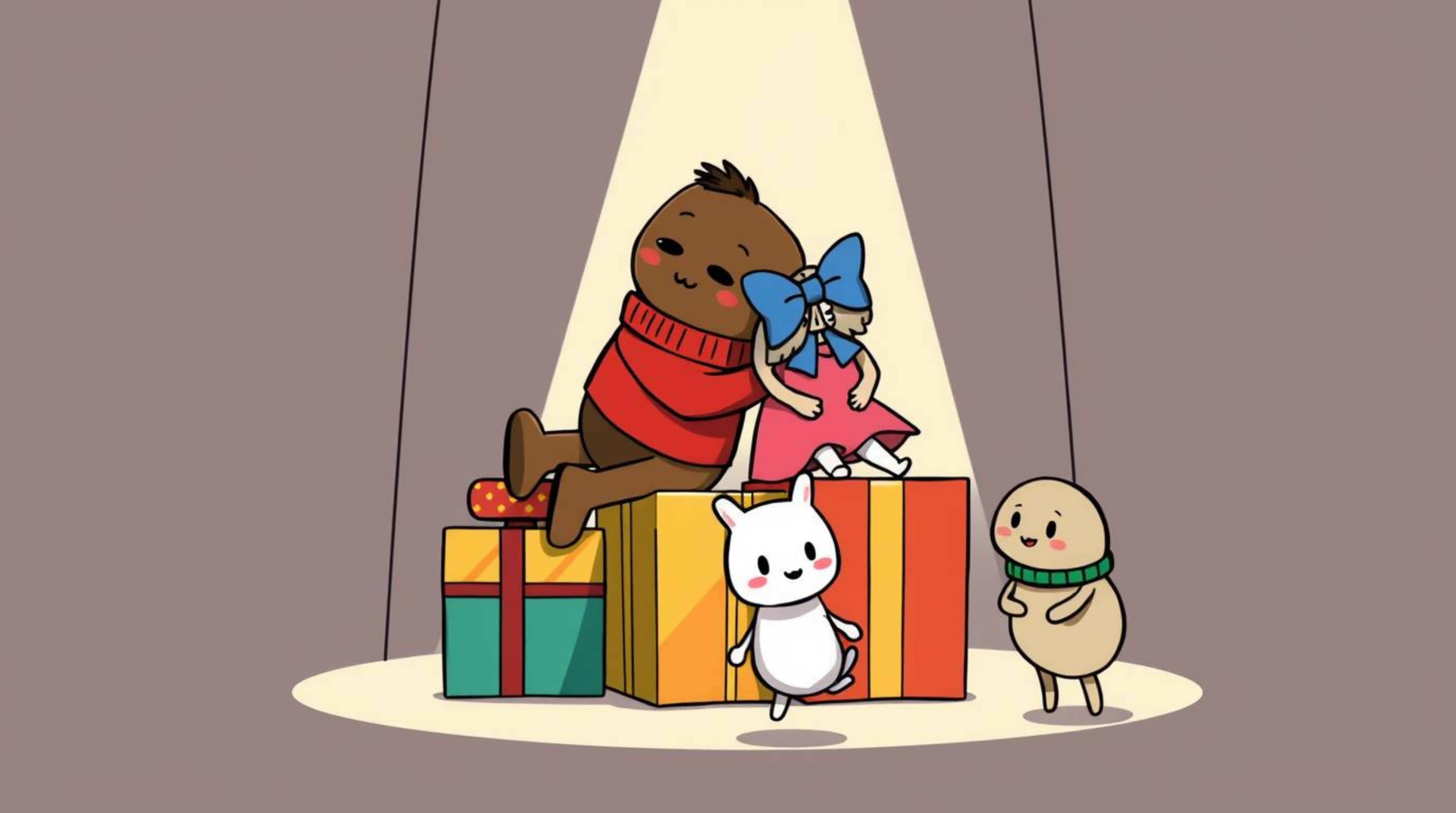 cartoon bear, red sweater, doll with a blue bow, 5K Desktop Wallpaper