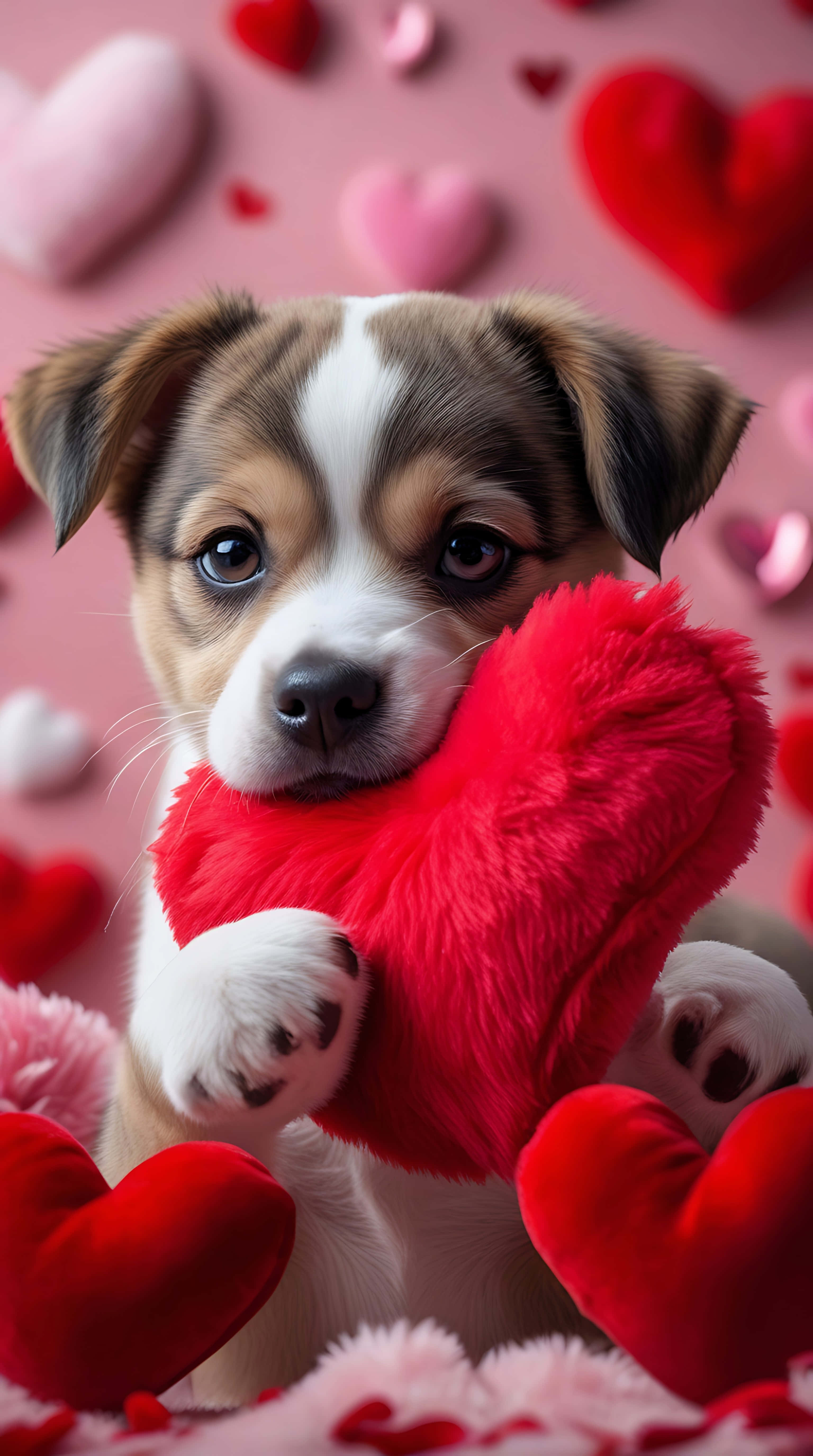 lovely puppy, red heart, fluffy red heart toy, 5K Phone Wallpaper