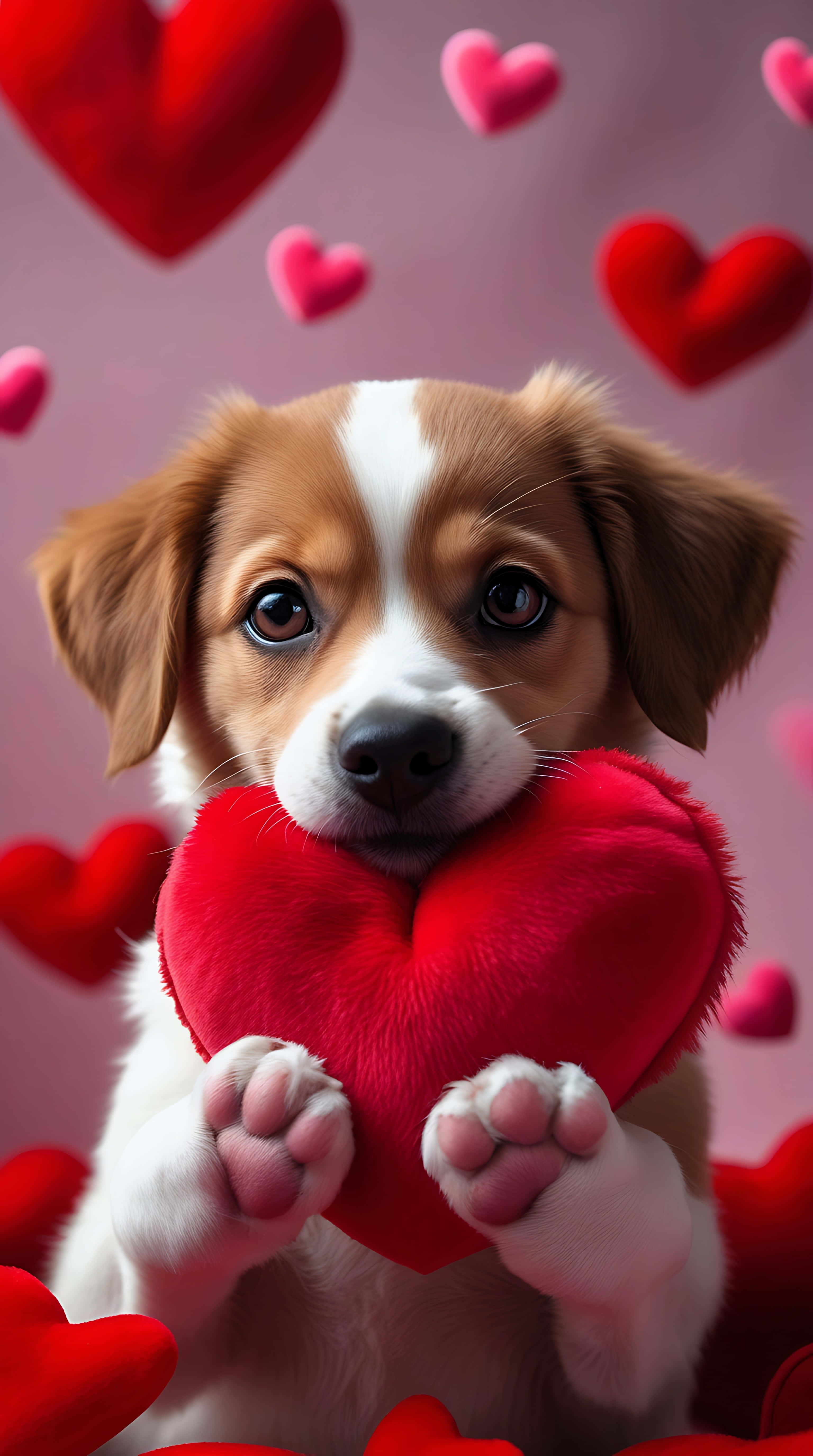 lovely puppy, red heart, fluffy red heart toy, 5K Phone Wallpaper