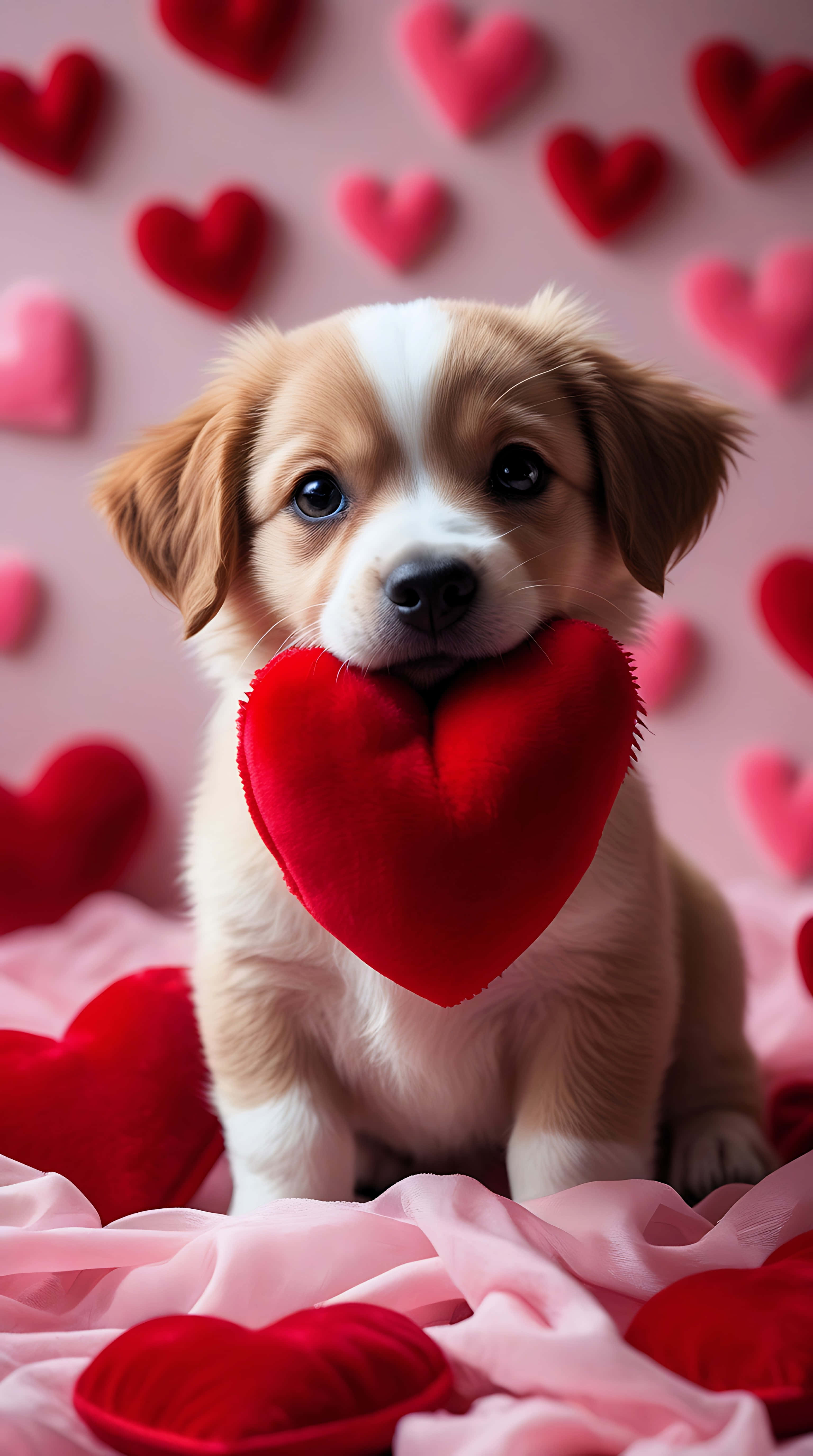 lovely puppy, red velvet heart, blue eyes, 5K Phone Wallpaper