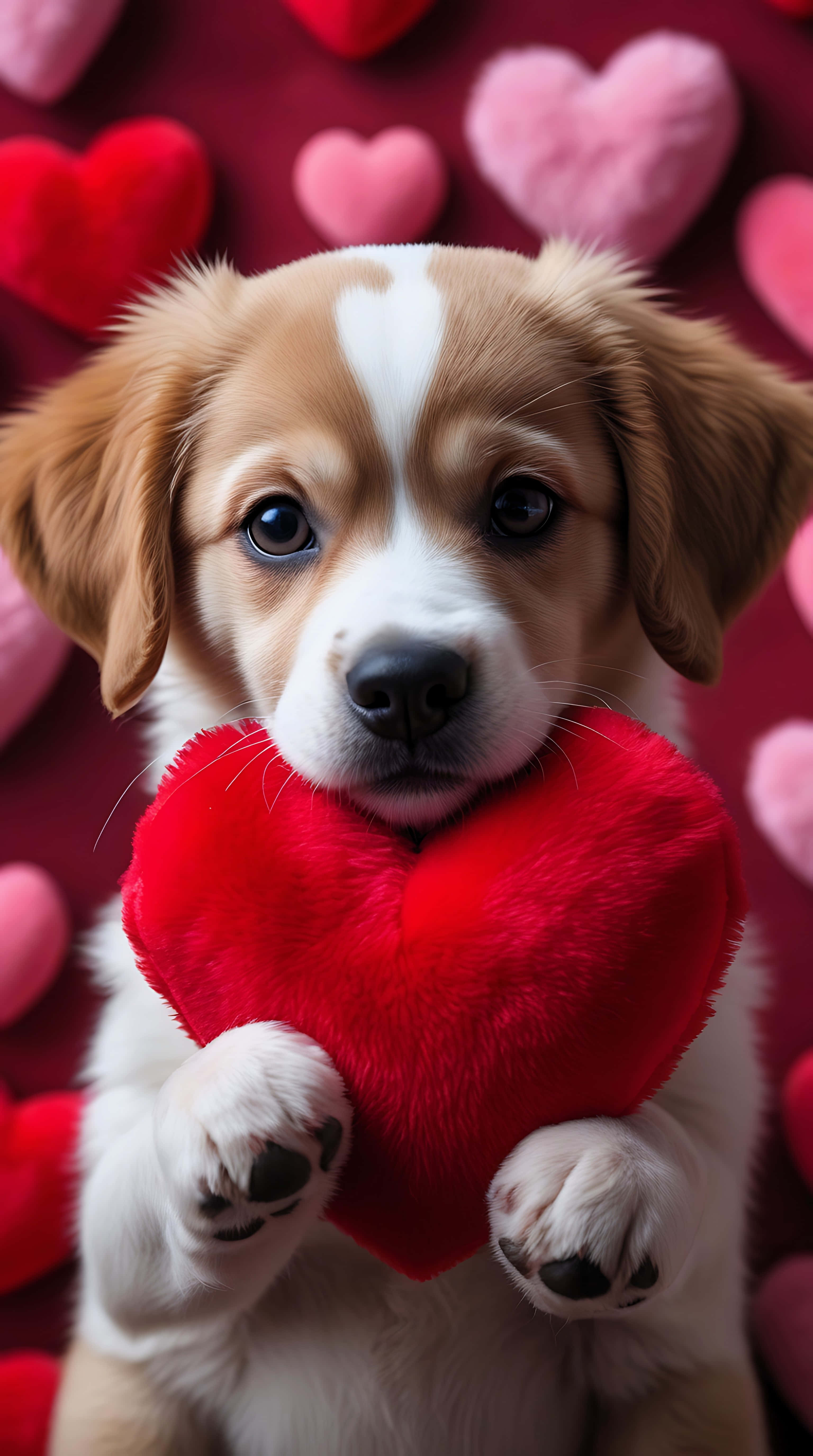puppy, brown and white fur, fluffy red heart toy, 5K Phone Wallpaper