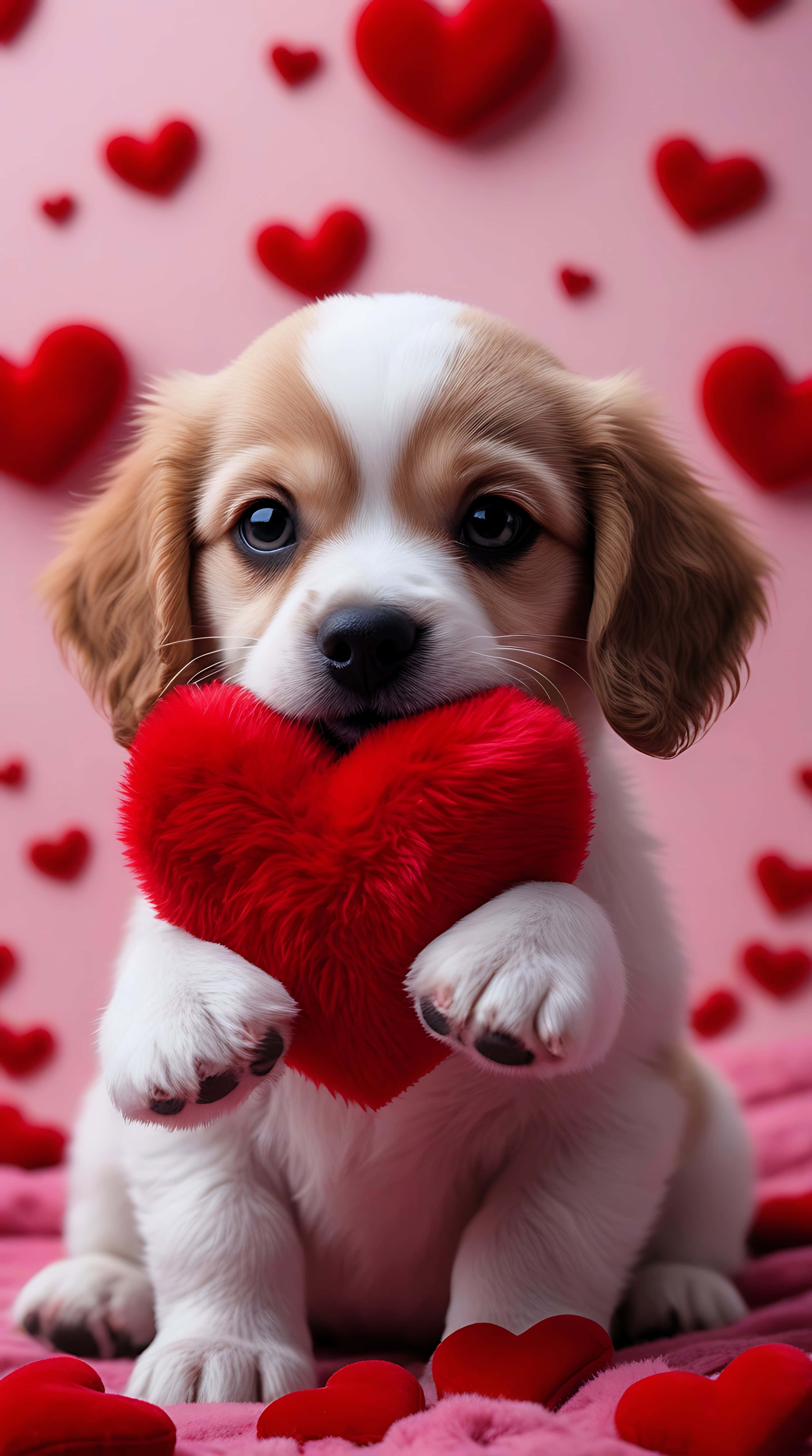 lovely puppy, red heart, fluffy brown and white puppy, 5K Phone Wallpaper