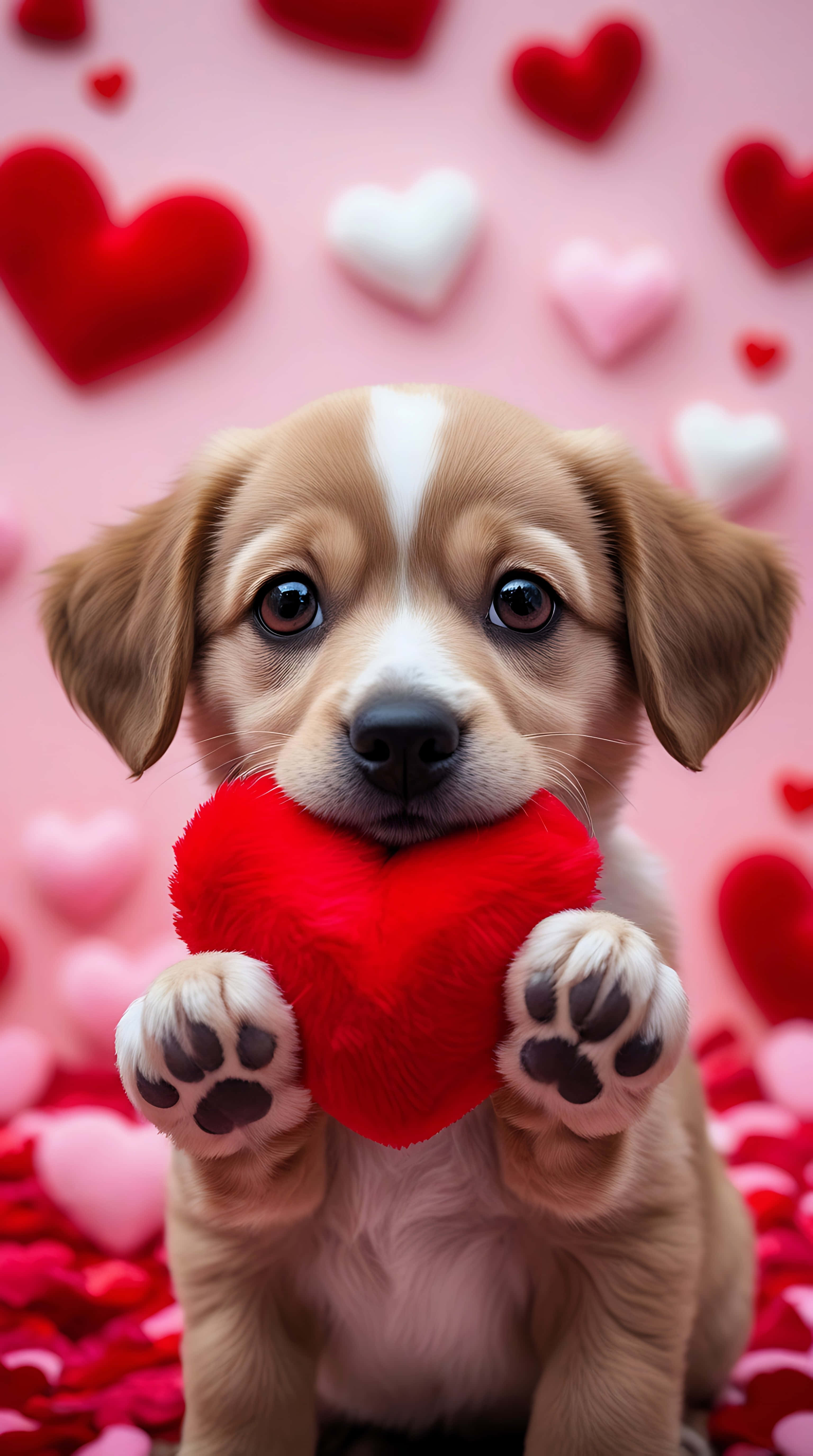 lovely puppy, red heart plush toy, pink background, 5K Phone Wallpaper