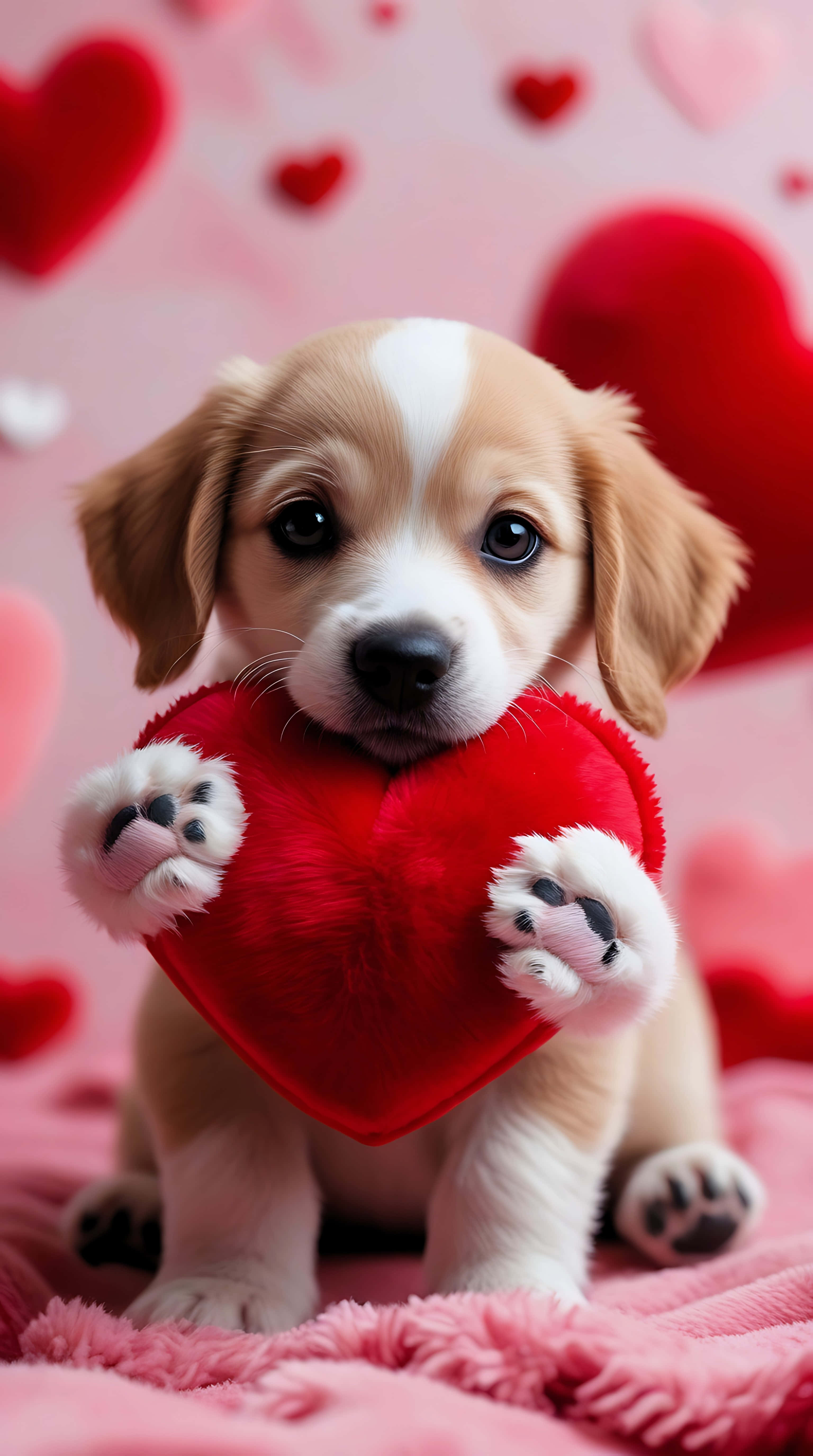 beagle puppy, brown and white fur, plush red heart, 5K Phone Wallpaper