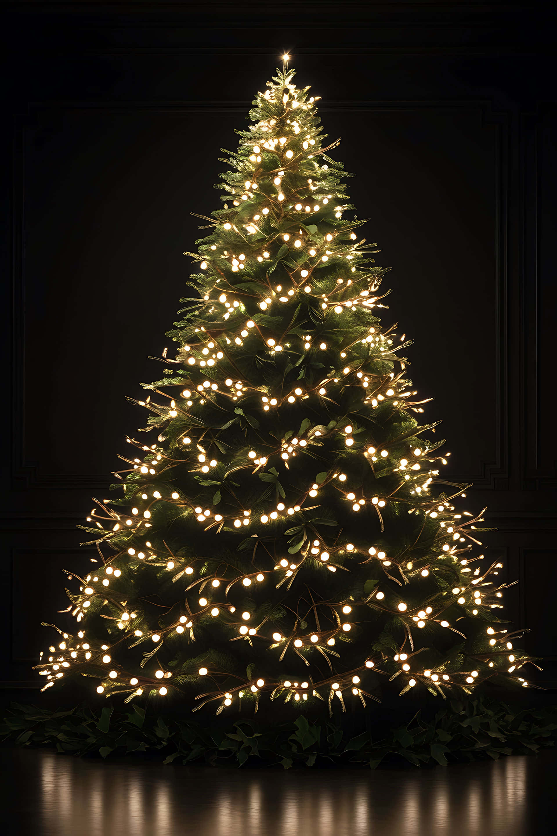illuminated christmas tree, evergreen Christmas tree, warm glowing string lights, 2K Phone Wallpaper