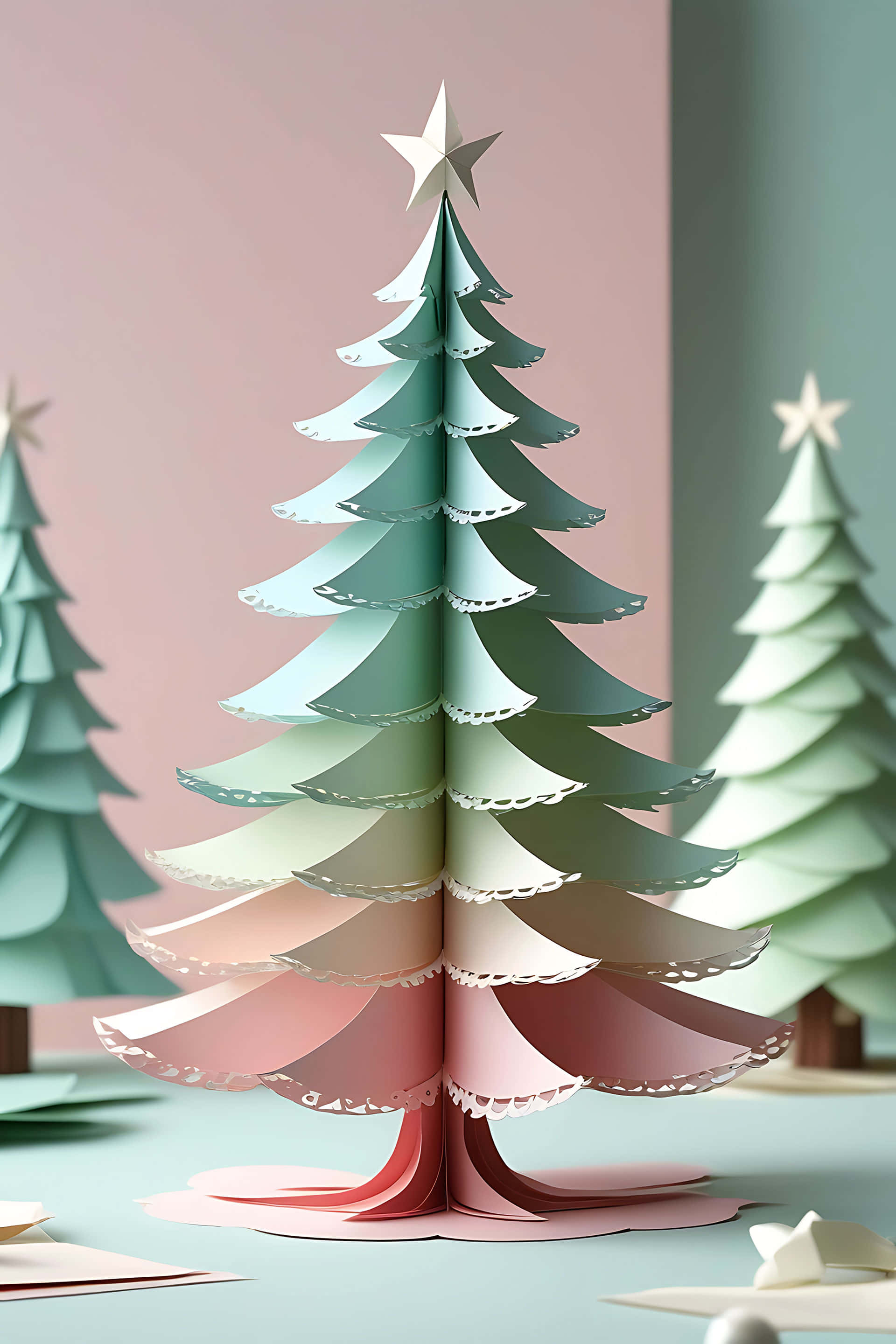 colorful paper Christmas tree, gradient pastel shades from mint to coral, star, 2K Phone Wallpaper