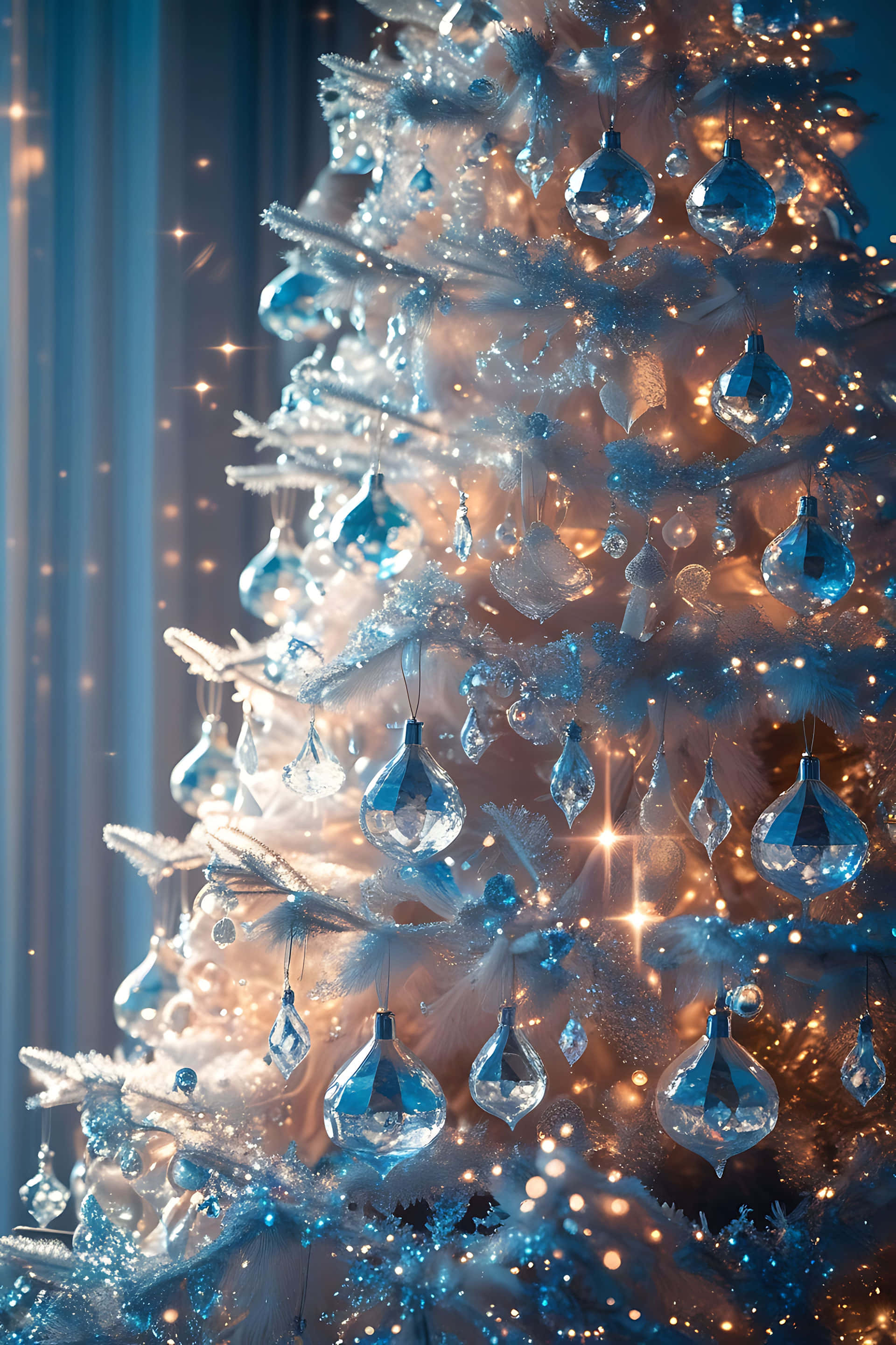 elegant blue christmas tree, snowy white christmas tree, blue glass ornaments, 2K Phone Wallpaper