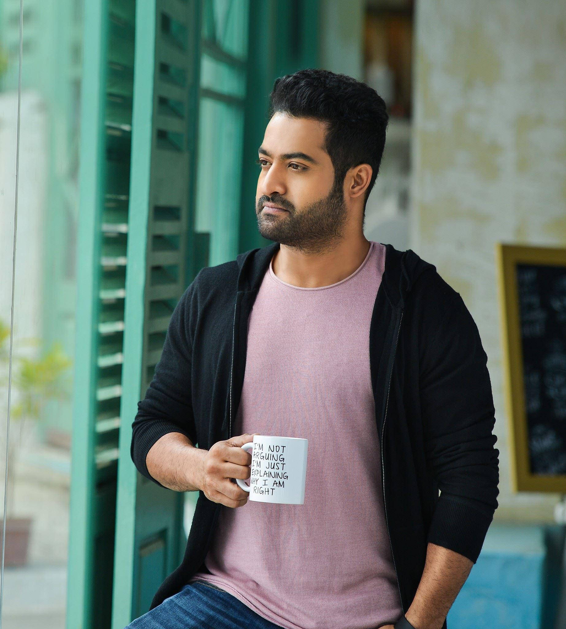 Jr Ntr, white mug, teal shuttered window, Full HD Phone Wallpaper