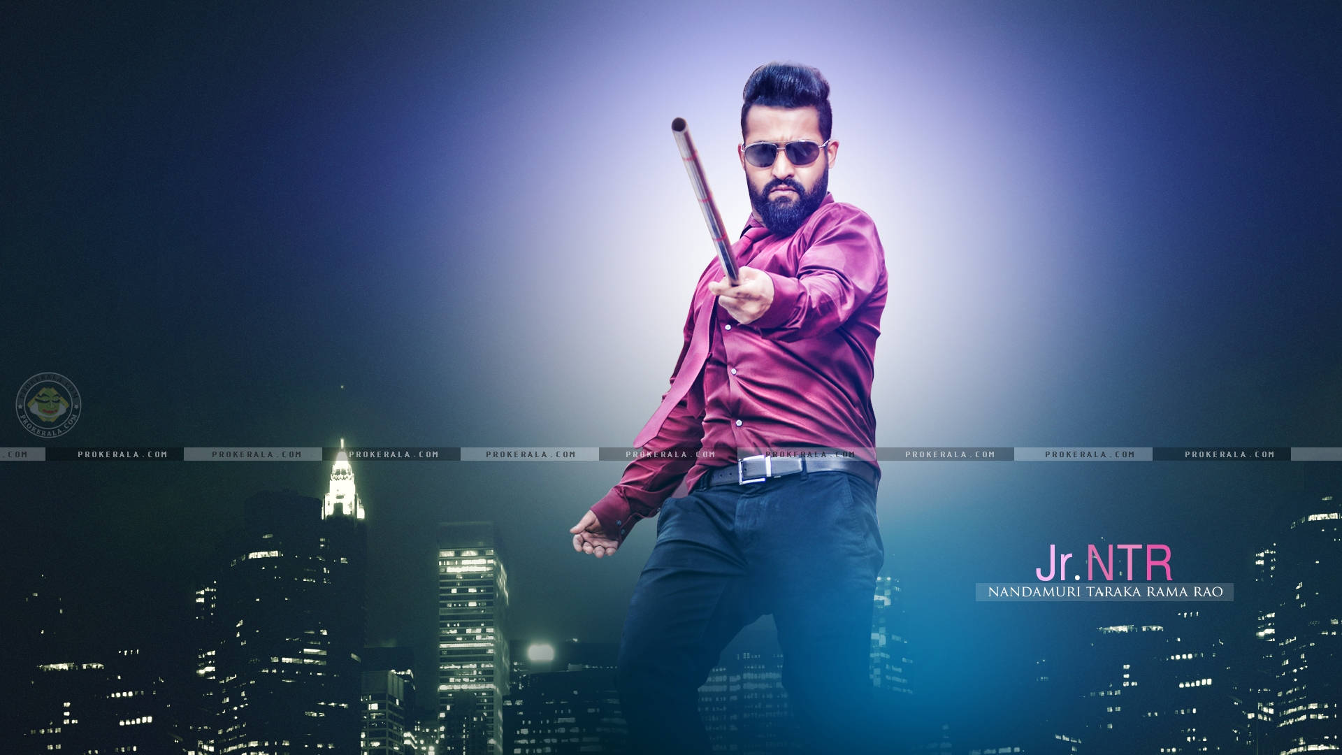 Jr Ntr, city at night, red shirt, Full HD Desktop Wallpaper