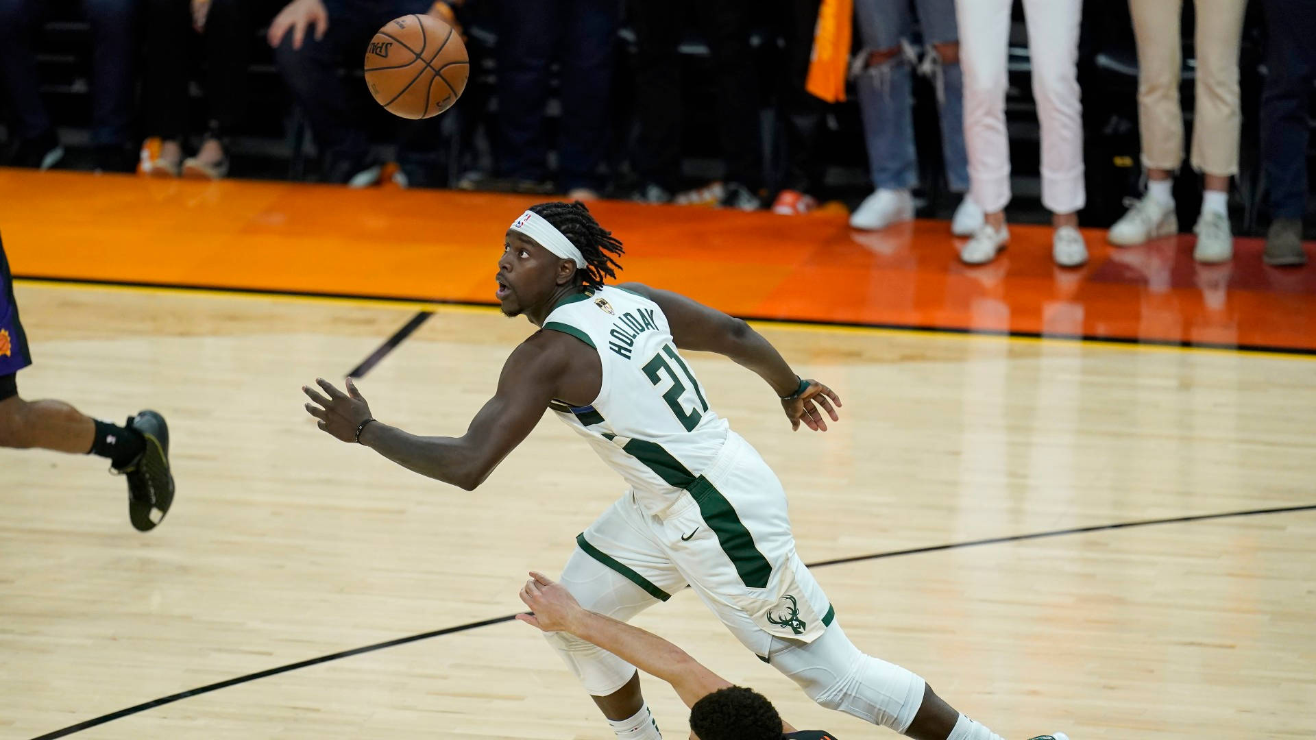 Jrue Holiday, white and green uniform, polished wooden court, Full HD Desktop Wallpaper