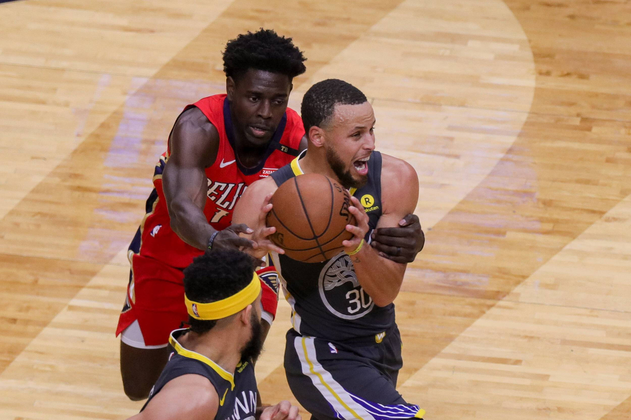 Jrue Holiday, black jersey, polished wooden court, Full HD Desktop Wallpaper