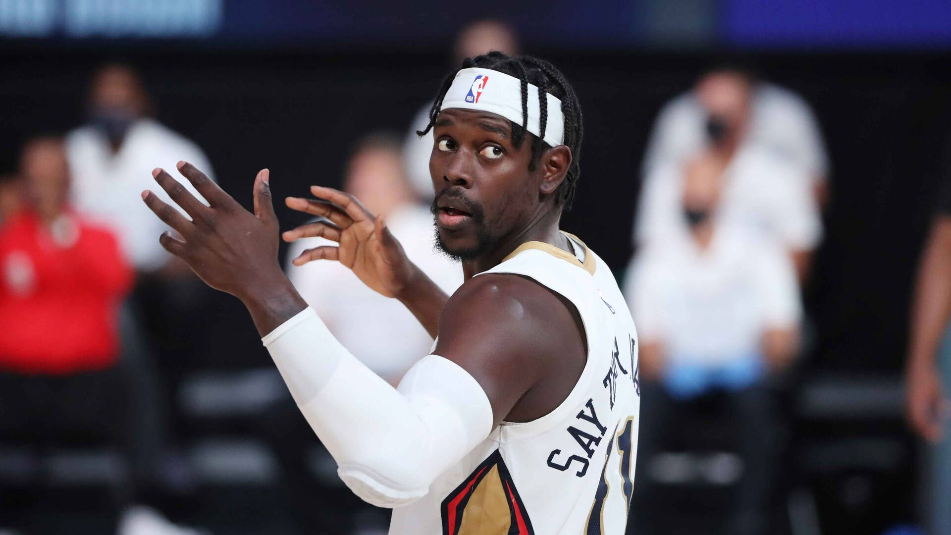 Jrue Holiday, white jersey, gold accents, Full HD Desktop Wallpaper