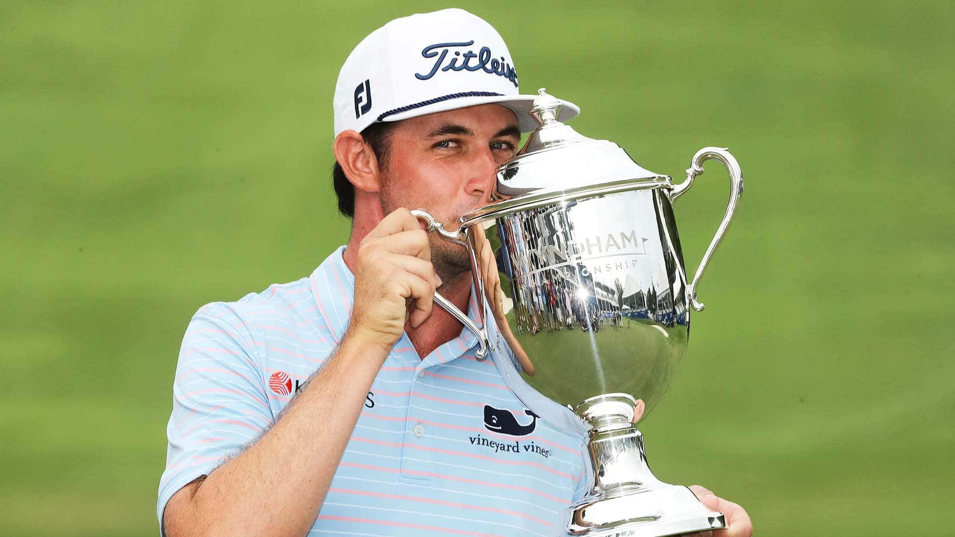 JT Poston, gleaming silver trophy, blurred green fairway, Full HD Desktop Wallpaper