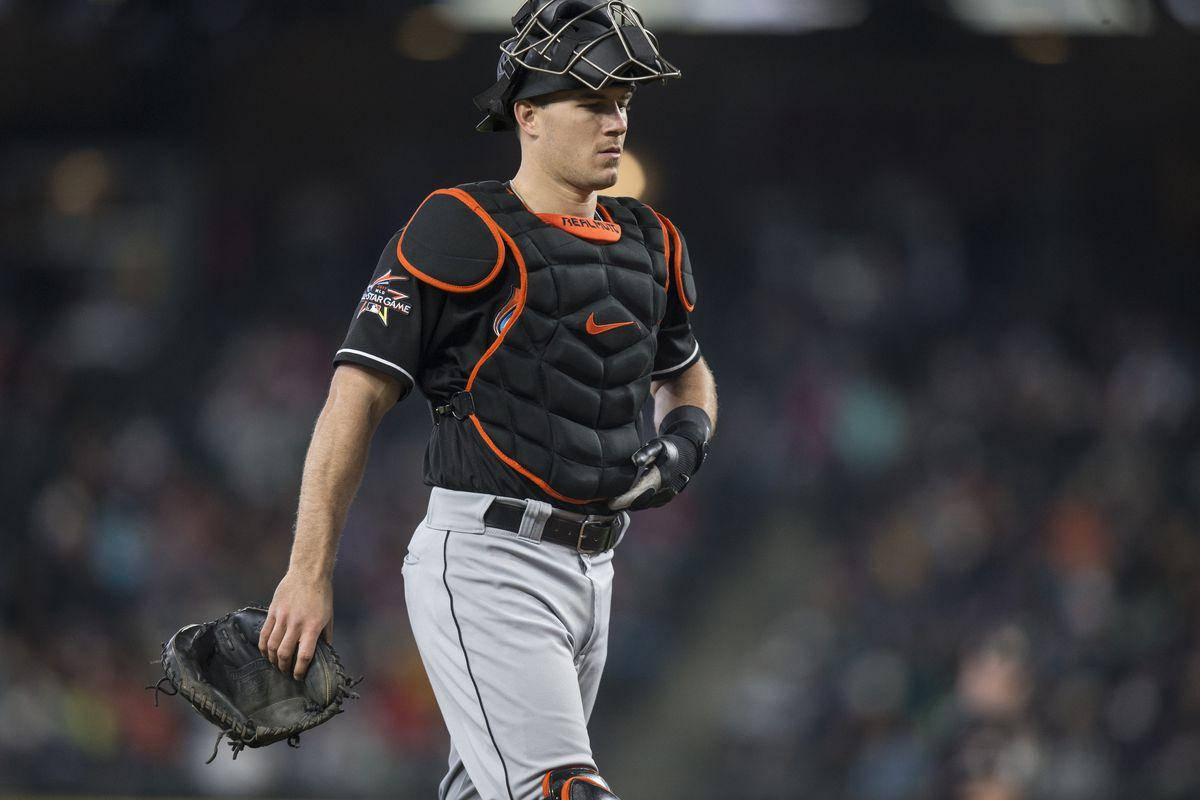 JT Realmuto, black and orange gear, stadium lights, SD Desktop Wallpaper