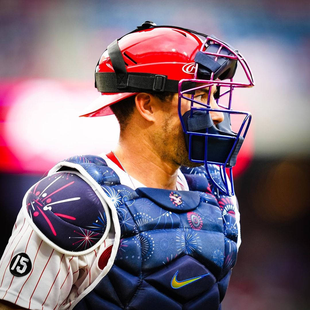 JT Realmuto, blue chest protector, red helmet, SD Desktop Wallpaper