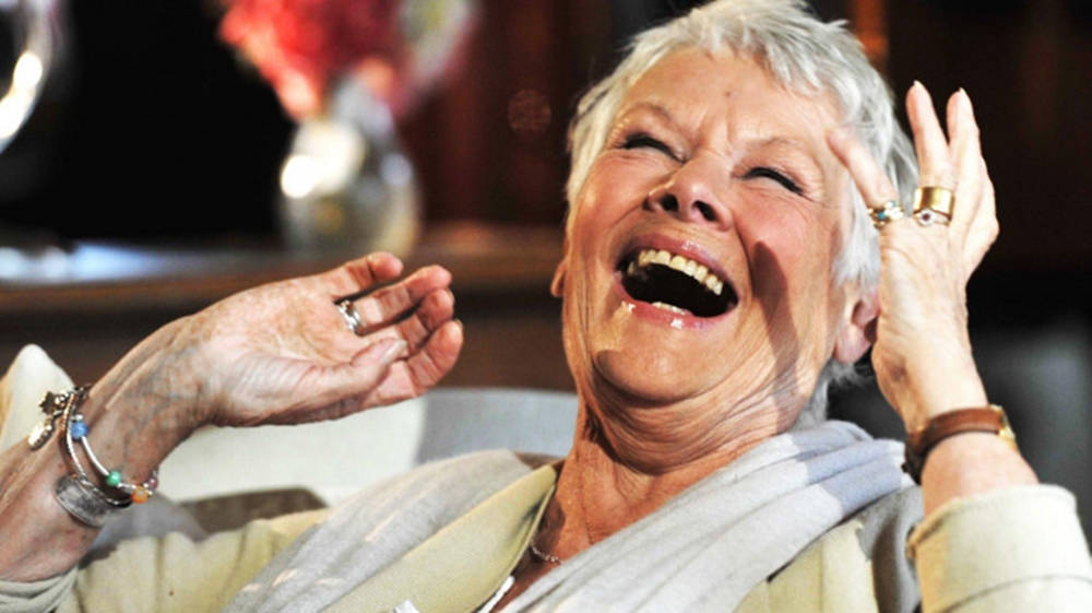 Judi Dench, white hair, hands raised, SD Desktop Wallpaper