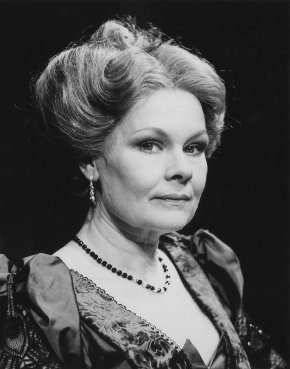 Judi Dench, black and white portrait, elegant updo hairstyle, SD Phone Wallpaper
