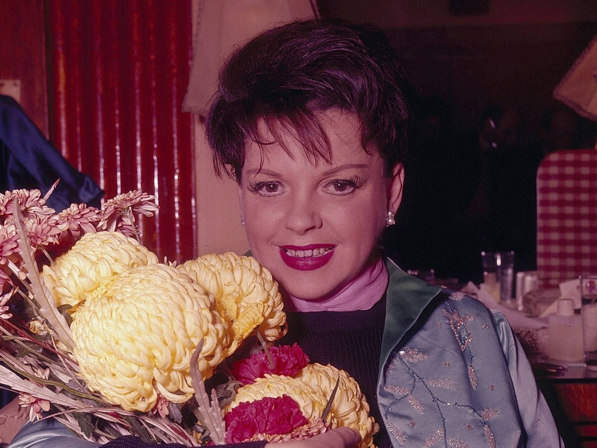 Judy Garland, yellow and pink chrysanthemums, short dark hair, SD Desktop Wallpaper