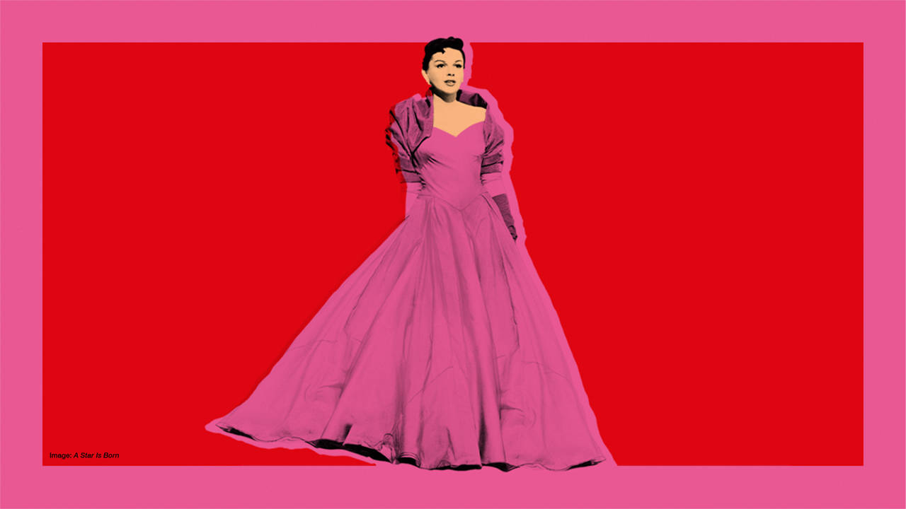 Judy Garland, pink gown, bold red background, HD Desktop Wallpaper