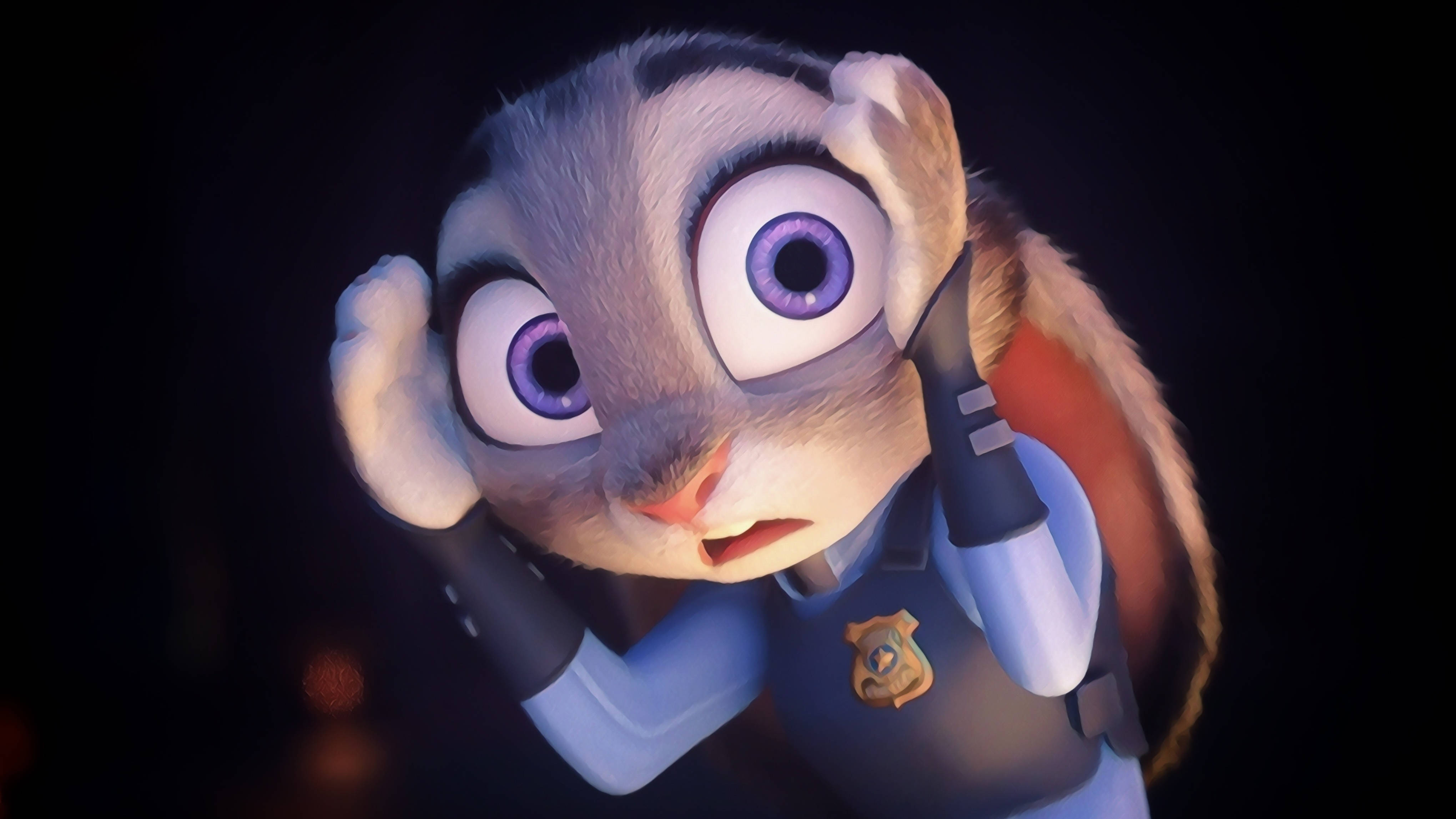 Judy Hopps, animated rabbit cop, wide purple eyes, 4K Desktop Wallpaper