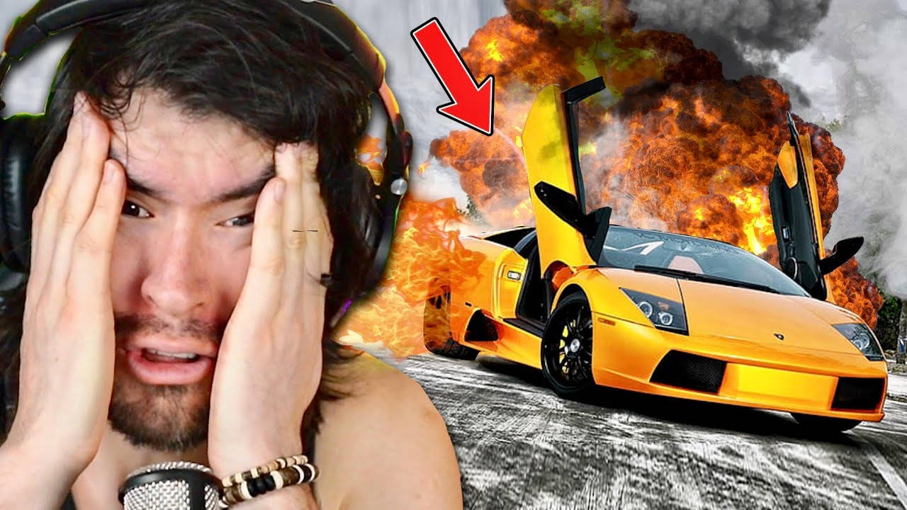 Juegagerman, yellow Lamborghini sports car, fiery explosion, HD Desktop Wallpaper