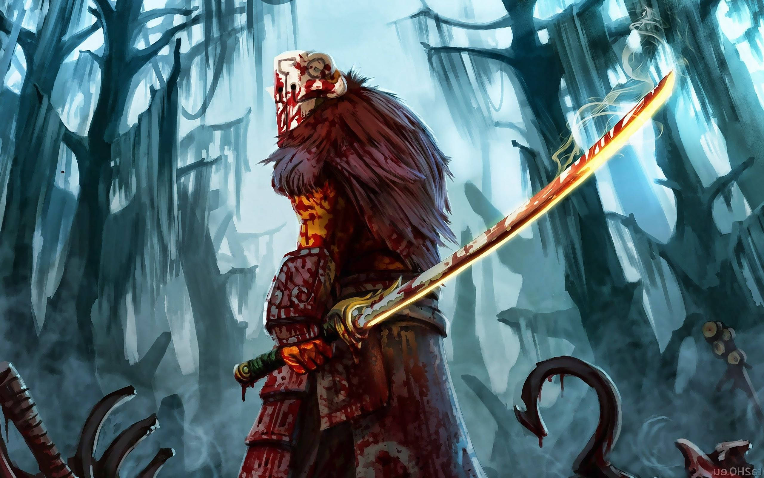 Juggernaut Warrior, glowing sword, misty haunted forest, 2K Desktop Wallpaper