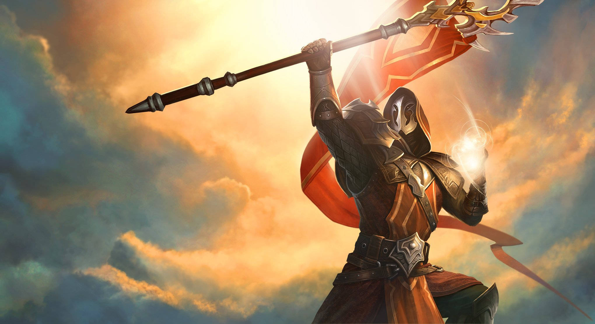 Juggernaut Warrior, glowing staff, fiery sunset sky, Full HD Desktop Wallpaper