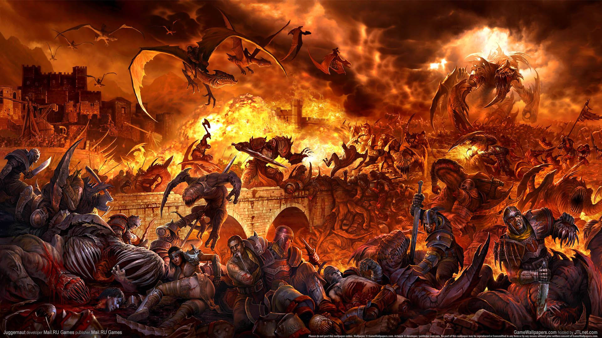 Juggernaut, flaming city, dragons, Full HD Desktop Wallpaper