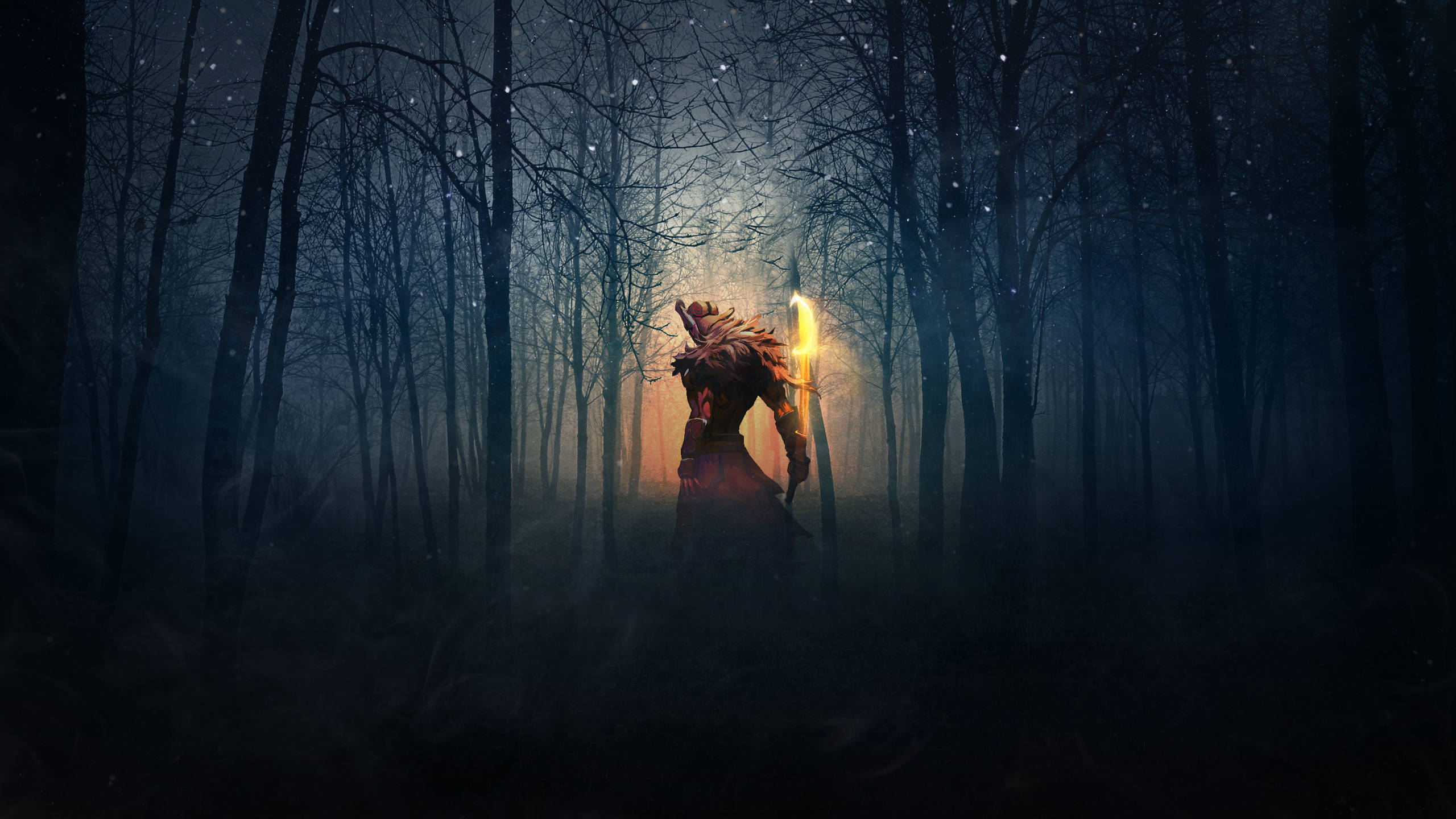 Juggernaut, glowing sword, misty dark forest, 2K Desktop Wallpaper