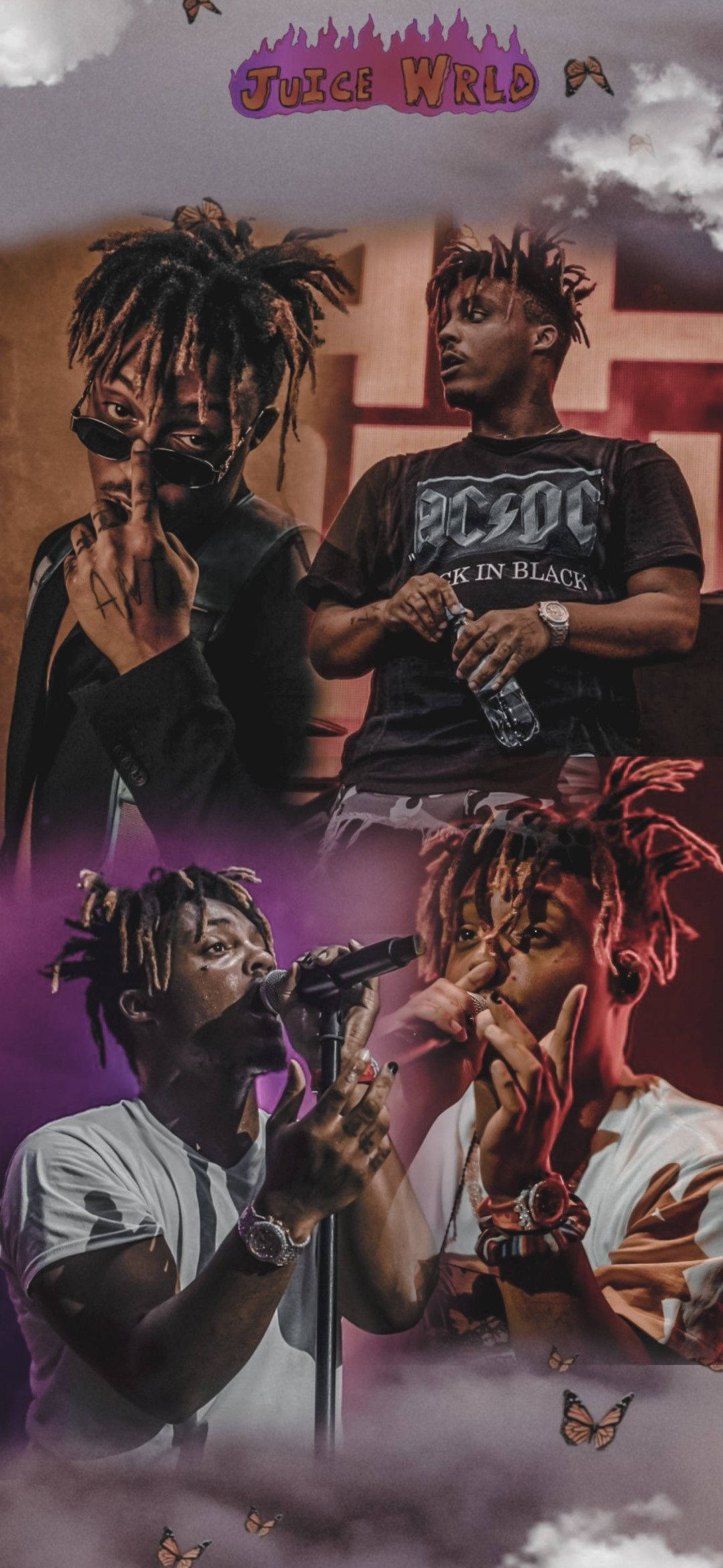Juice WRLD, moody purple sky, butterflies, Full HD Phone Wallpaper