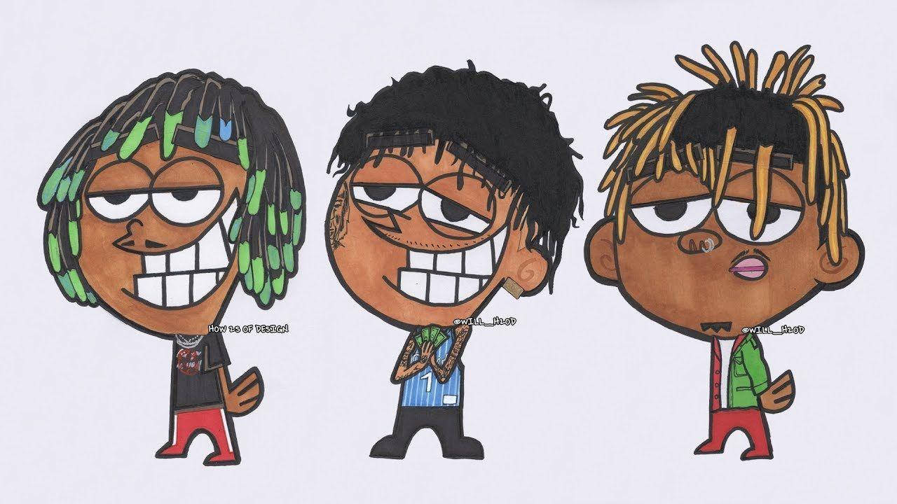 Juice Wrld, cartoon, three cartoon-style illustrated characters, HD Desktop Wallpaper