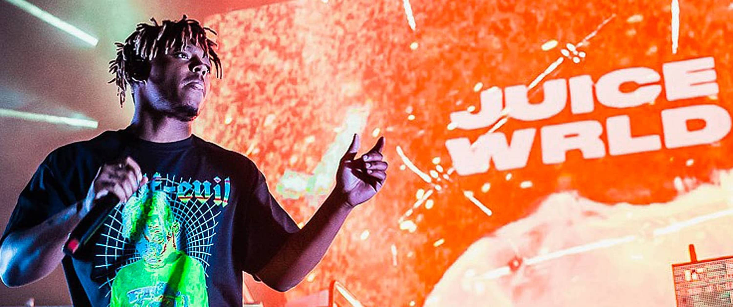 Juice WRLD, vibrant orange lights, glowing name, Full HD Desktop Wallpaper