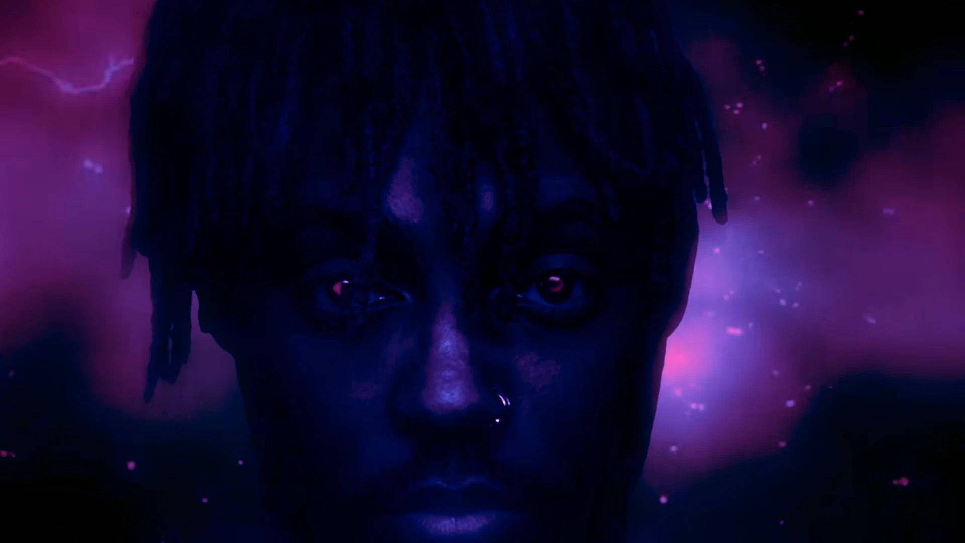 dreadlocks, glowing red eyes, cosmic purple and pink nebula background, Full HD Desktop Wallpaper