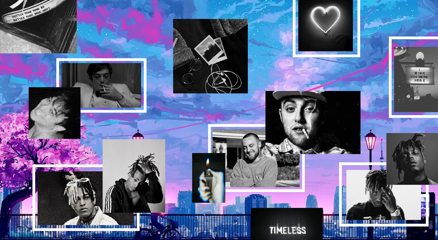 Juice Wrld aesthetic, neon purple, blue cityscape, HD Desktop Wallpaper