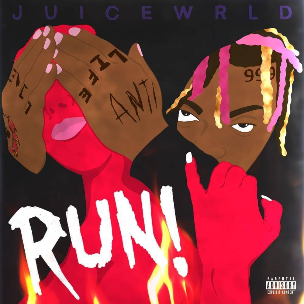 Juice WRLD, vibrant pink and gold hair, flames below, SD Desktop Wallpaper