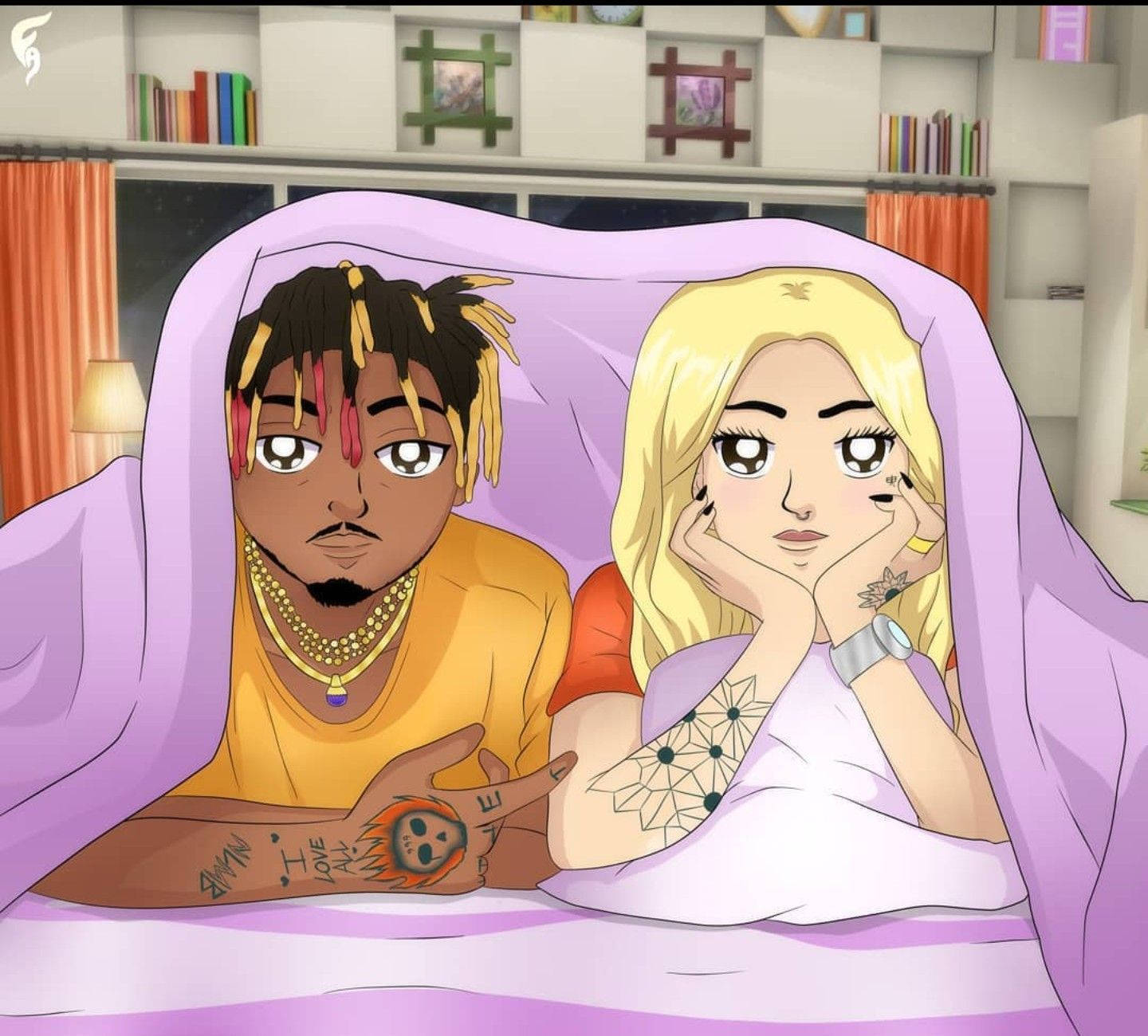 Juice Wrld Anime, purple blanket, cozy bedroom, HD Desktop Wallpaper