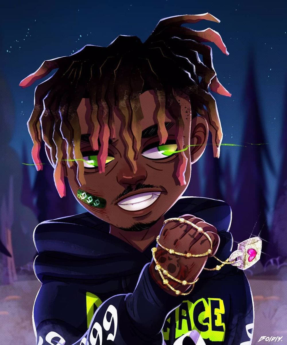 Juice Wrld Anime, glowing green eyes, pink-tipped dreadlocks, SD Phone Wallpaper