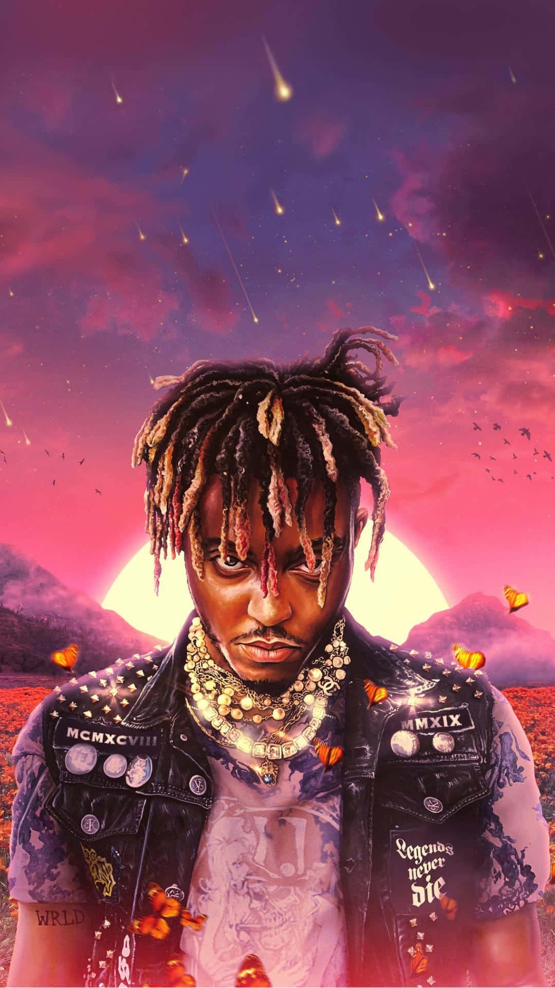 Juice WRLD, surreal sunset sky, falling stars, Full HD Phone Wallpaper