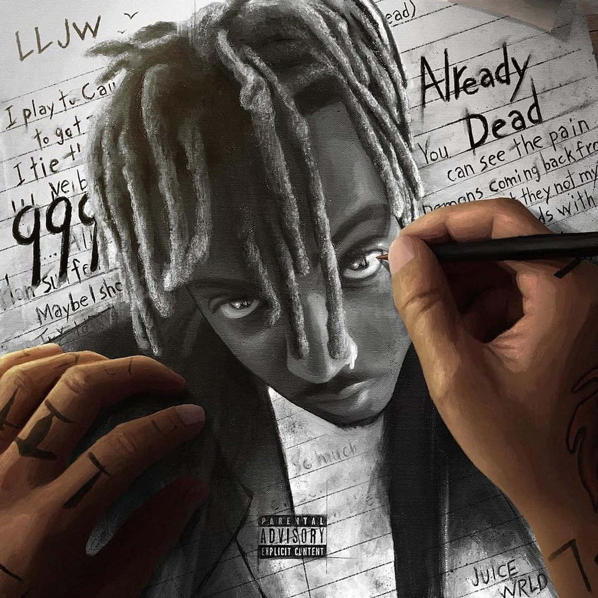 Juice WRLD, dreadlocks, charcoal portrait, SD Desktop Wallpaper