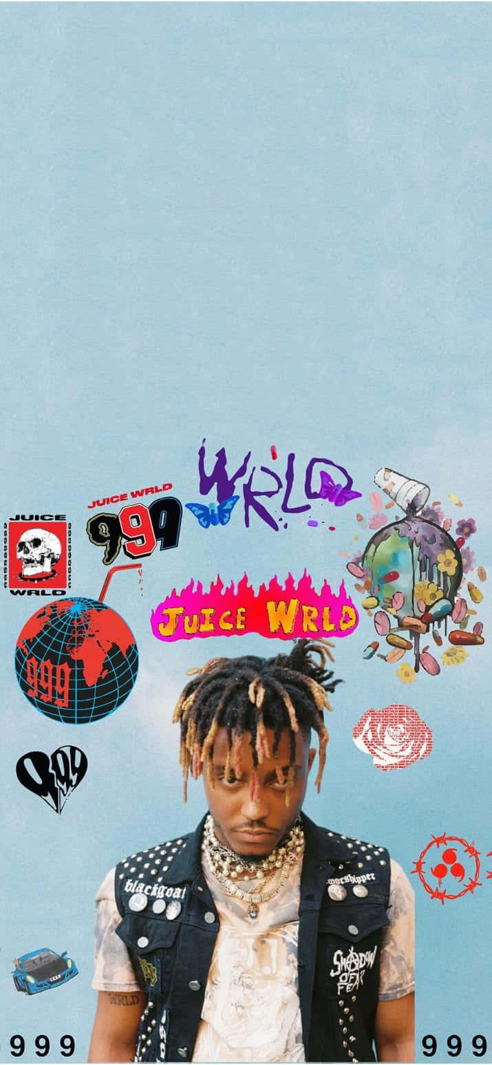 Juice Wrld, light blue backdrop, colorful graffiti-style logos, HD Phone Wallpaper