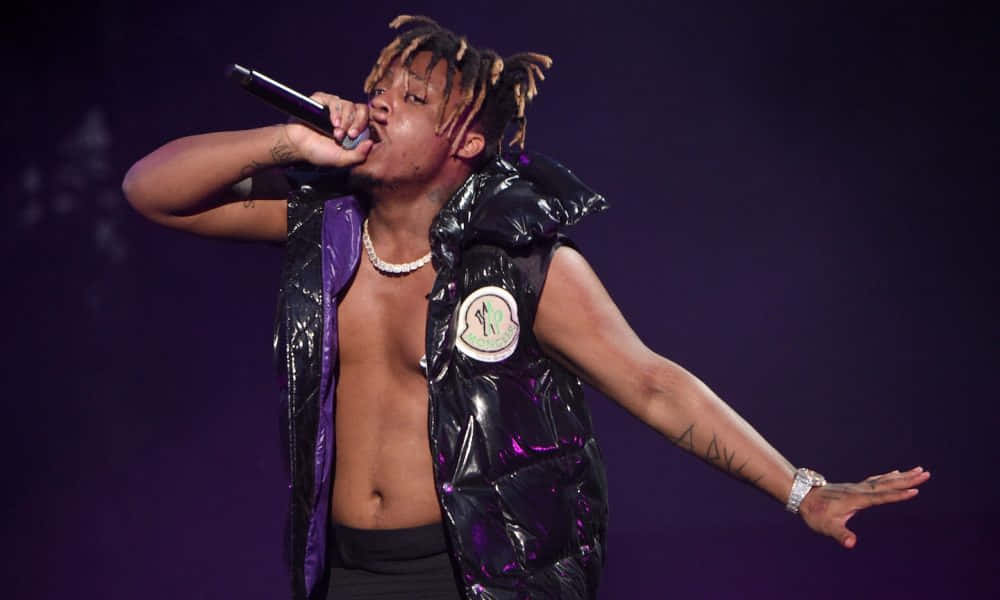Juice Wrld, shiny black vest, purple lights, SD Desktop Wallpaper