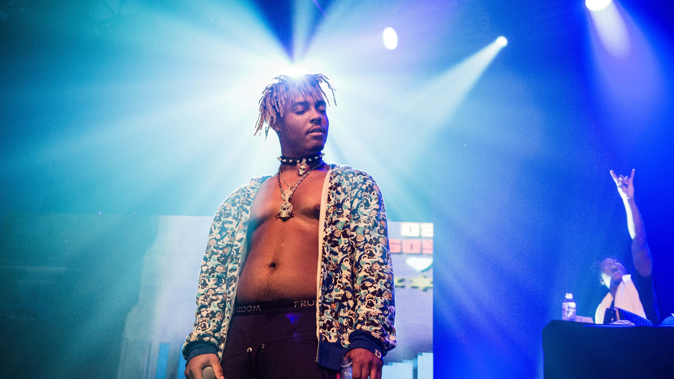 Juice Wrld, dreadlocks, bright blue spotlights, 2K Desktop Wallpaper