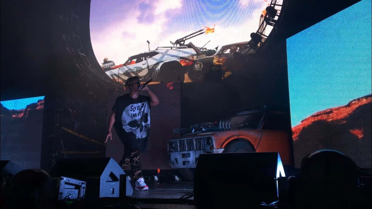 Juice Wrld Concert, massive screen, wrecked cars, HD Desktop Wallpaper