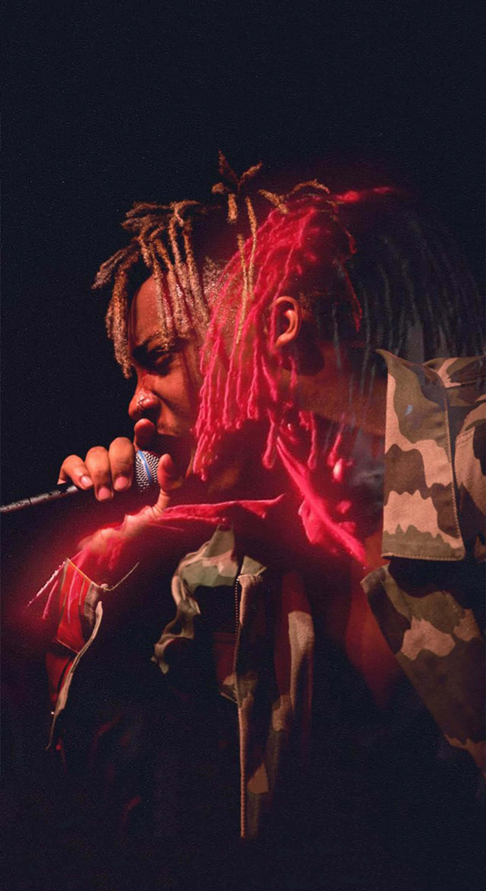 Juice Wrld, glowing red dreadlocks, mic, 2K Phone Wallpaper