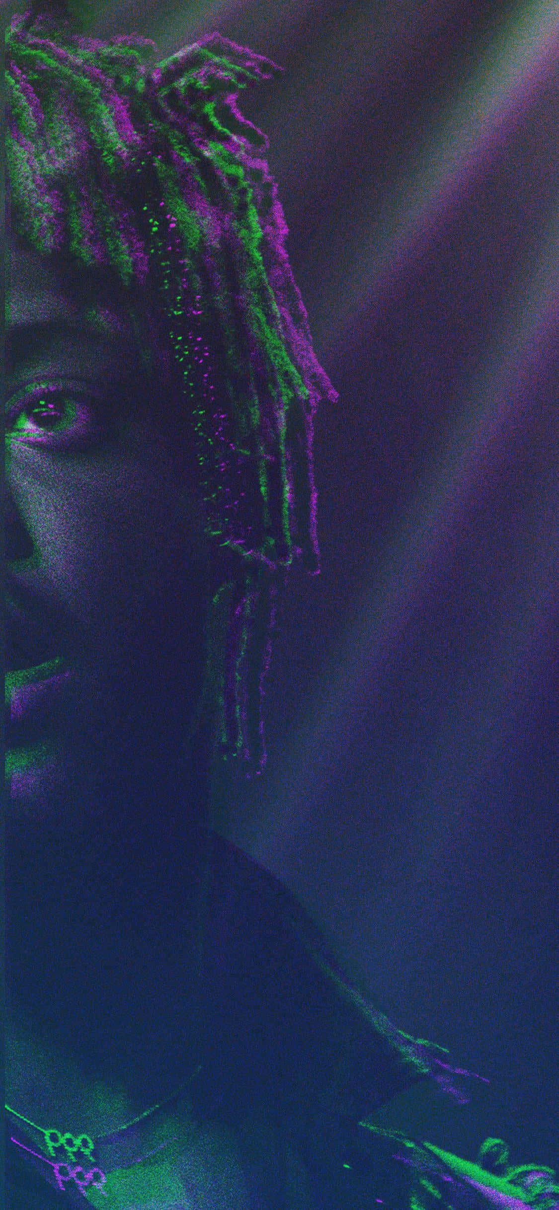 Juice Wrld Live, glowing green and purple dreadlocks, dramatic neon lighting, Full HD Phone Wallpaper